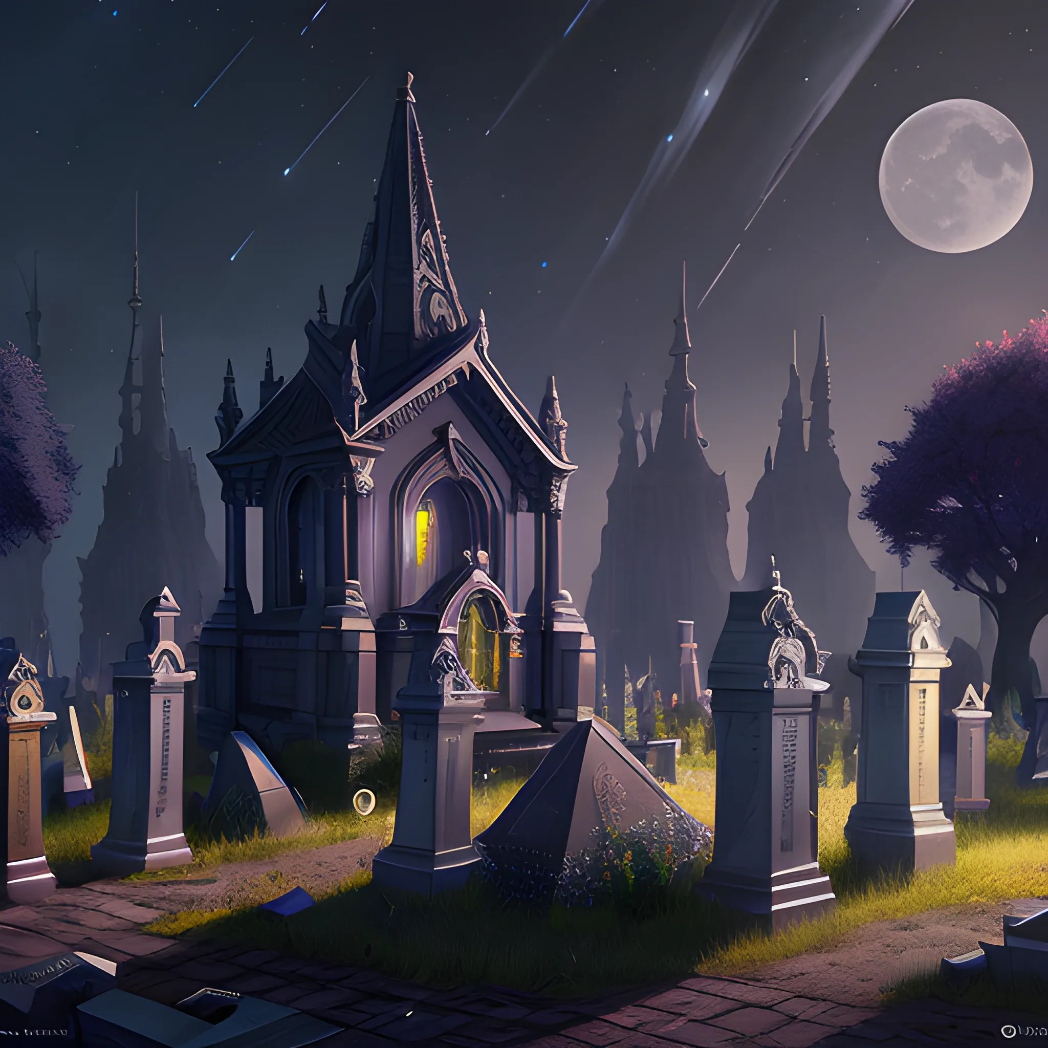 cementary, graves, night, moon, stars, 8k, high resolution, high quality, photorealistic, hyperrealistic, detailed, detailed matte painting, deep color, fantastical, intricate detail, splash screen, complementary colors, fantasy concept art, 8k resolution trending on Artstation Unreal Engine