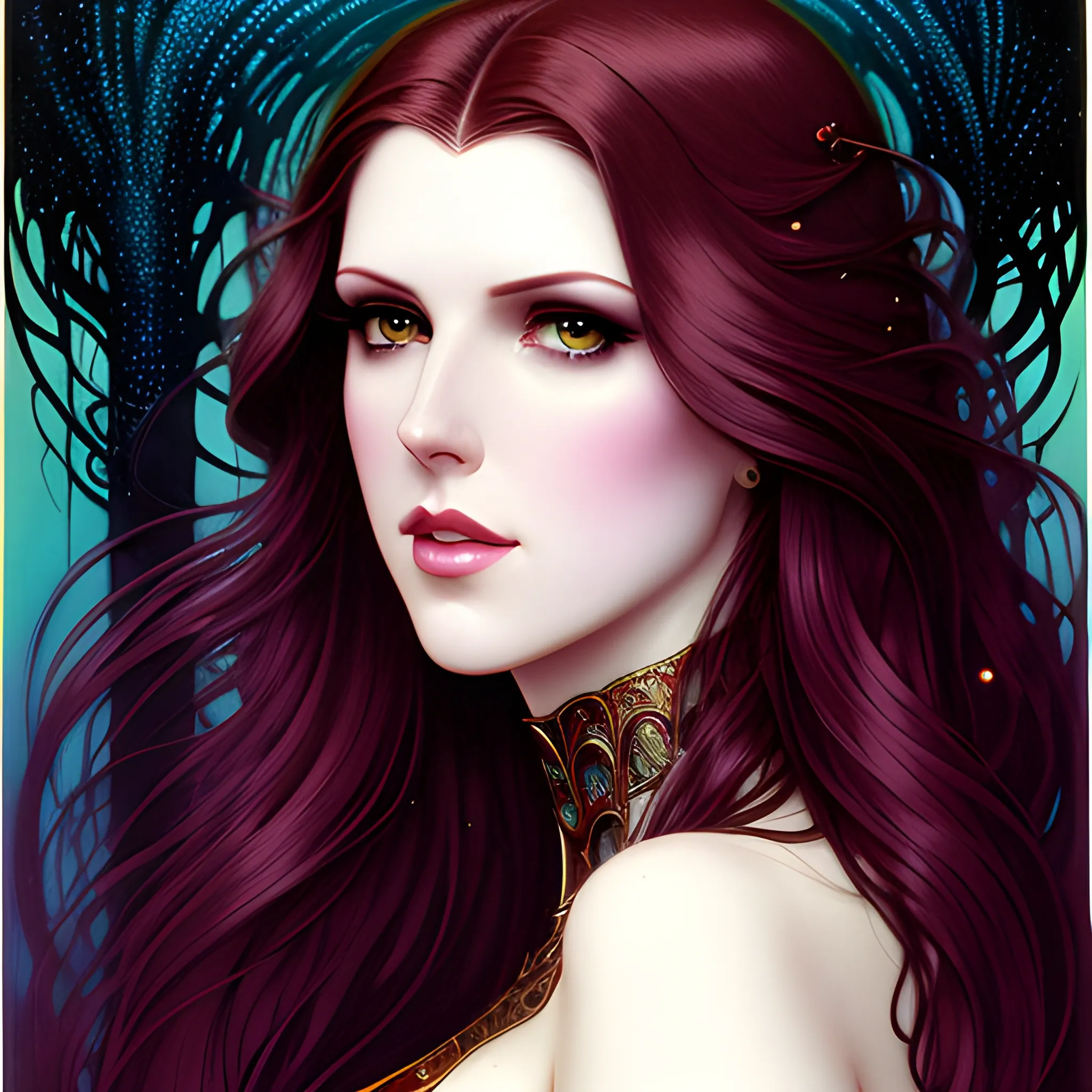 young Anna Kendrick, her highly detailed beautiful face, meticulously detailed multi-hued long straight dark hair, burgundy, berry wine and black, eldritch, macabre, by Stephen Gammell, Zdzislaw Beksinski; luminous color sparkles, Vintage Art, 8k resolution, art Nouveau poster; Alphonse Mucha, Artgerm, WLOP, Lisa Frank, James R. Eads, Illustration intricately detailed, Artstation, Chromolithography Soft Shading