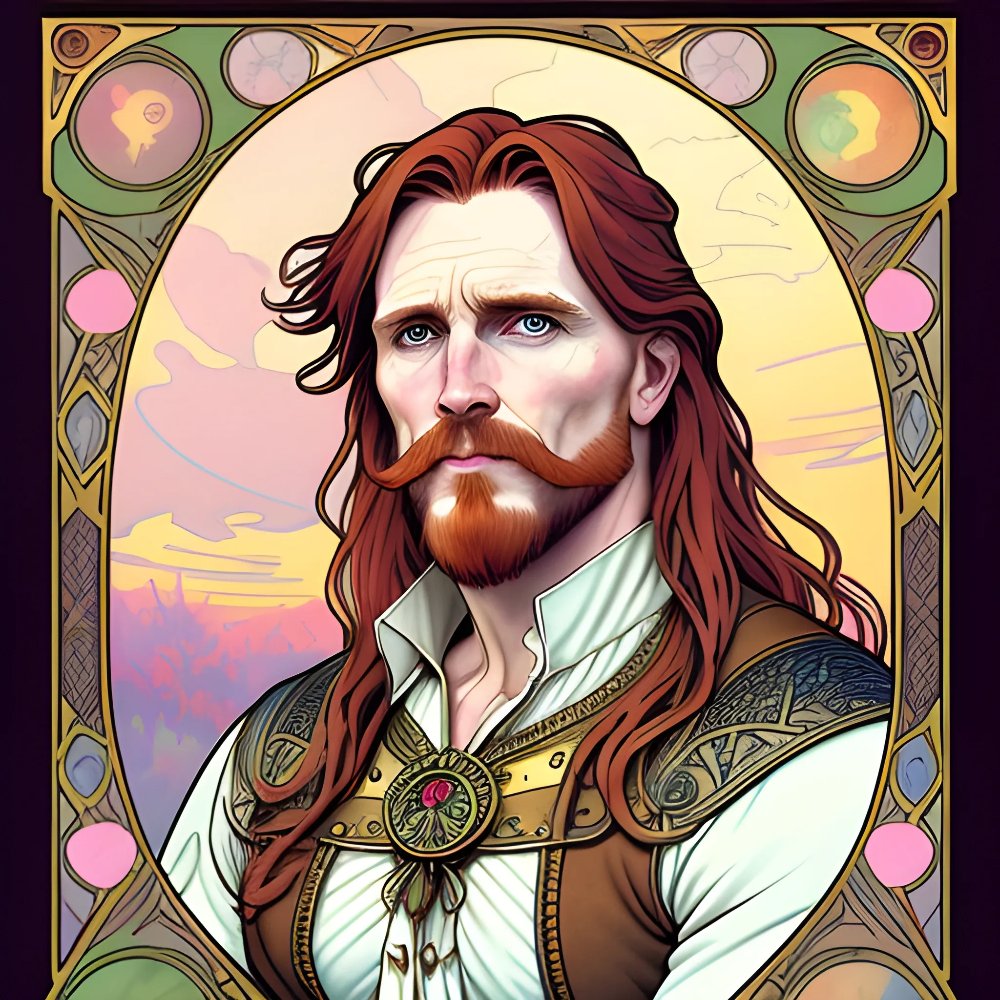 young Malachai of the Corn, Courtney Gains, his highly detailed, softly freckled handsome face, his clean, clear eyes, meticulously detailed, multi-hued, long red hair; hippie, pirate, he gazes far-away to the forest; pink, yellow, across a misty pastel-colored landscape, clouds; fantasy, Vintage Art, 8k resolution art Nouveau poster; Alphonse Mucha, Artgerm, WLOP, Illustration intricately detailed, trending on Artstation, Renaissance, triadic colors, Chromolithography Soft Shading