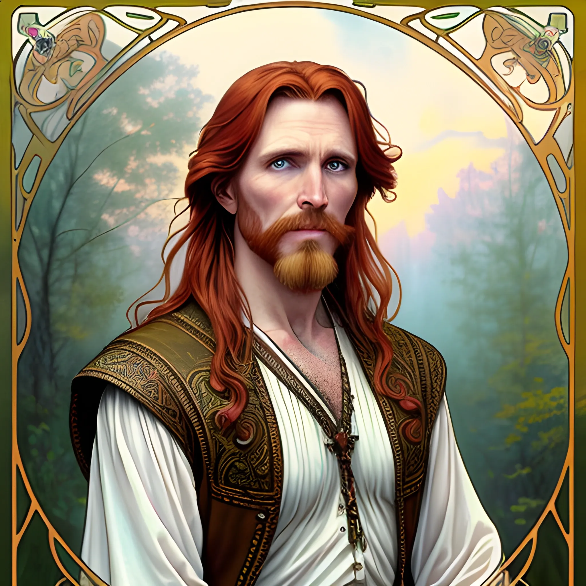 young Malachai of the Corn, Courtney Gains, his highly detailed, softly freckled handsome face, his clean, clear eyes, meticulously detailed, multi-hued, long red hair; hippie, pirate, he gazes far-away to the forest; pink, yellow, across a misty pastel-colored landscape, clouds; fantasy, Vintage Art, 8k resolution art Nouveau poster; Alphonse Mucha, Artgerm, WLOP, Illustration intricately detailed, trending on Artstation, Renaissance, triadic colors, Chromolithography Soft Shading