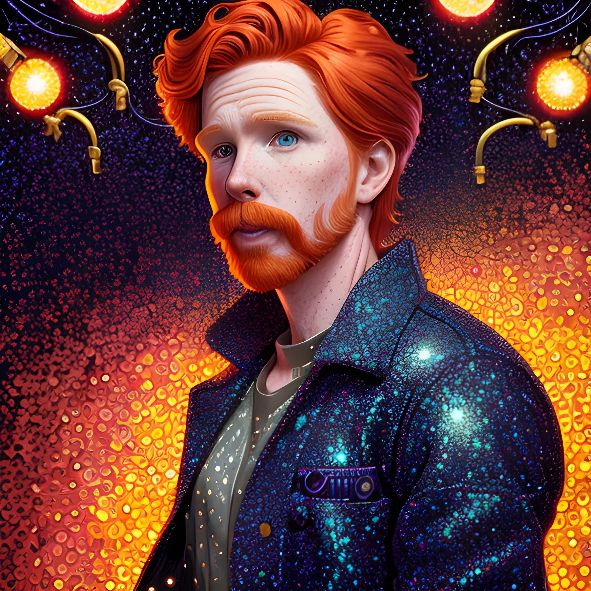 male actor Courtney Gains, his highly detailed handsome softly freckled face, meticulously detailed multi-hued red hair; by James R. Eads, Fausto-Giurescu, Tania Rivilis, Dan Mumford; luminous colorful sparkles, glitter, airbrush, depth of field, volumetric lighting