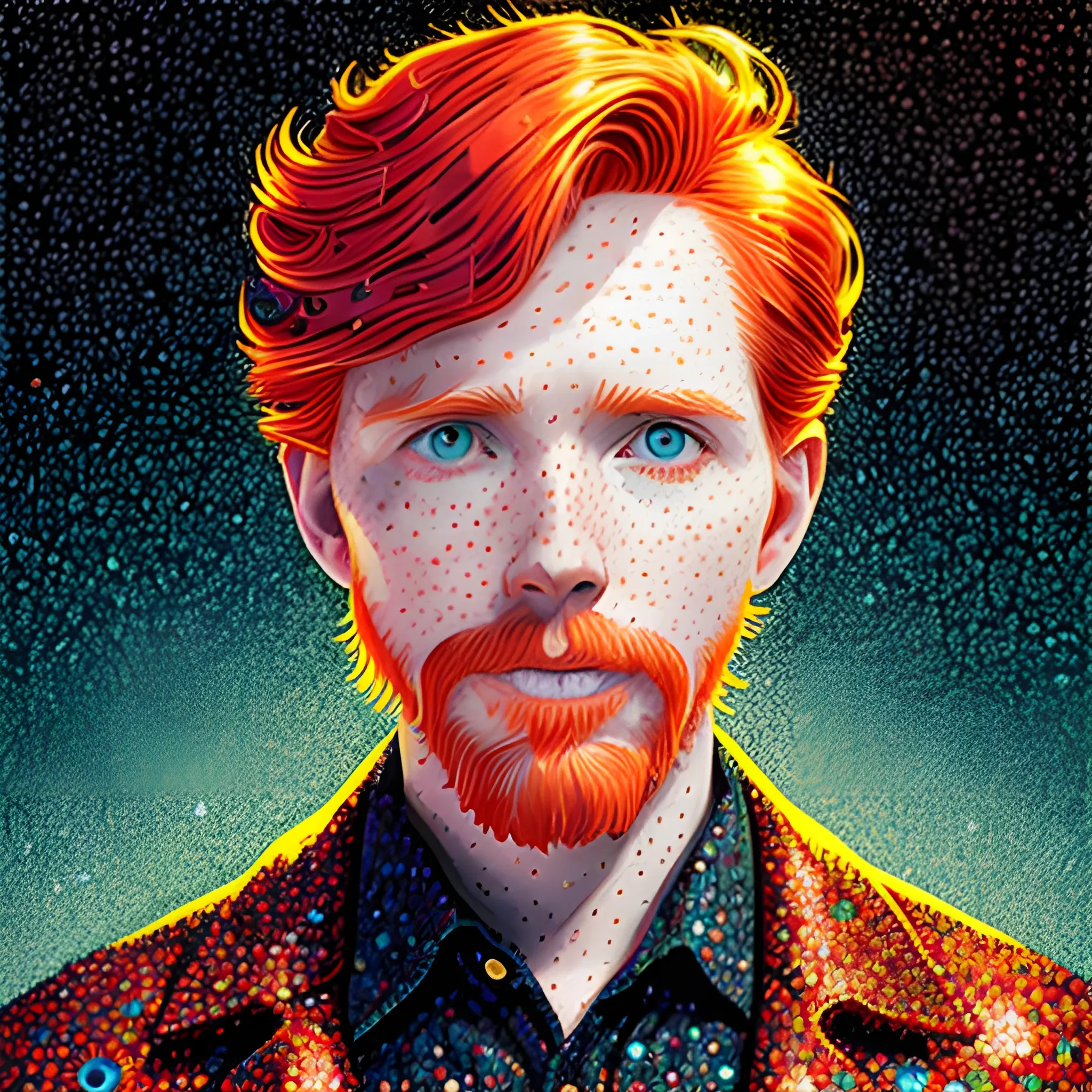 male actor Courtney Gains, his highly detailed handsome softly freckled face, meticulously detailed multi-hued red hair; by James R. Eads, Fausto-Giurescu, Tania Rivilis, Dan Mumford; luminous colorful sparkles, glitter, airbrush, depth of field, volumetric lighting