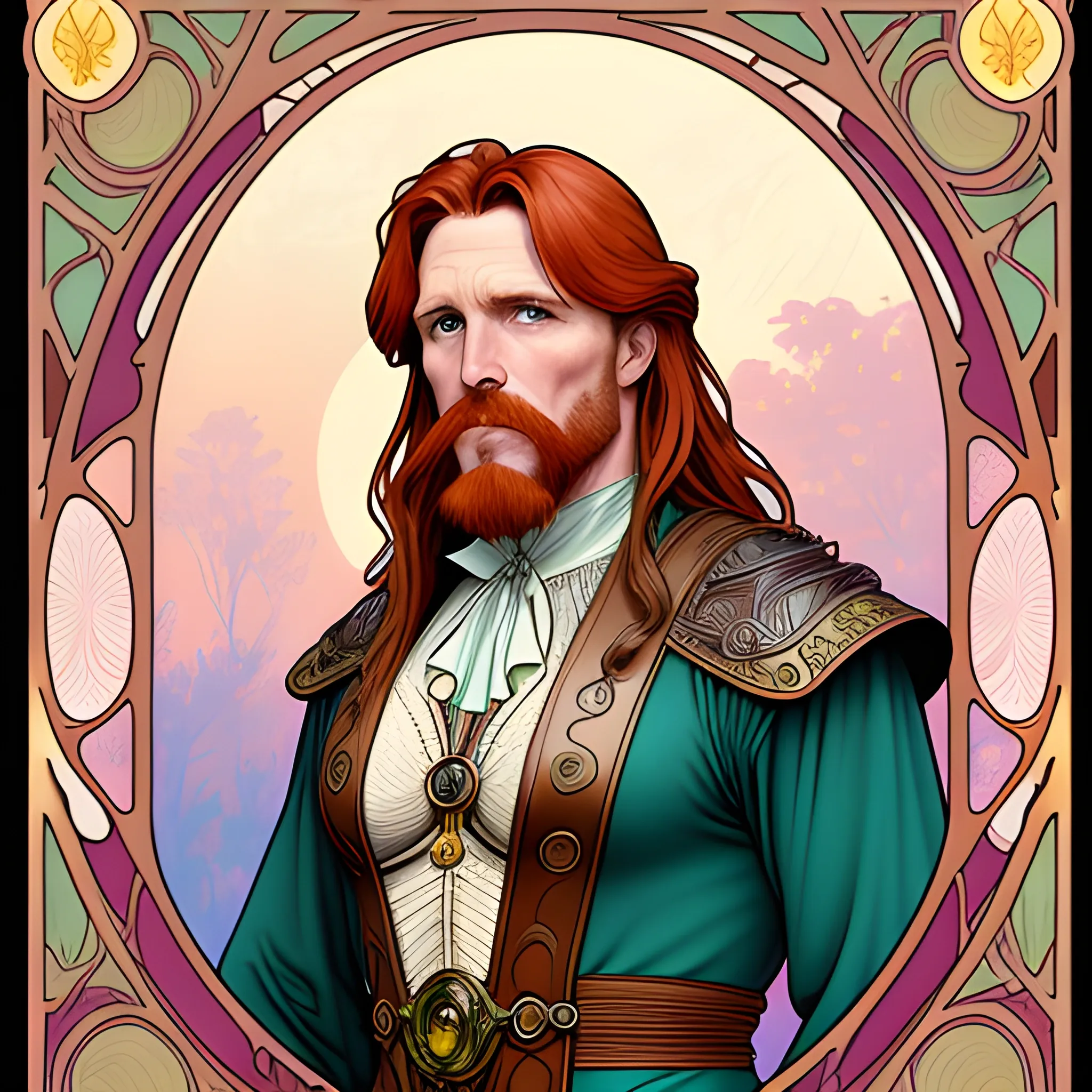 young Malachai of the Corn, Courtney Gains, his highly detailed, softly freckled handsome face, his clean, clear eyes, meticulously detailed, multi-hued, long red hair; hippie, pirate, he gazes far-away to the forest; pink, yellow, across a misty pastel-colored landscape, clouds; fantasy, Vintage Art, 8k resolution art Nouveau poster; Alphonse Mucha, Artgerm, WLOP, Illustration intricately detailed, trending on Artstation, Renaissance, triadic colors, Chromolithography Soft Shading