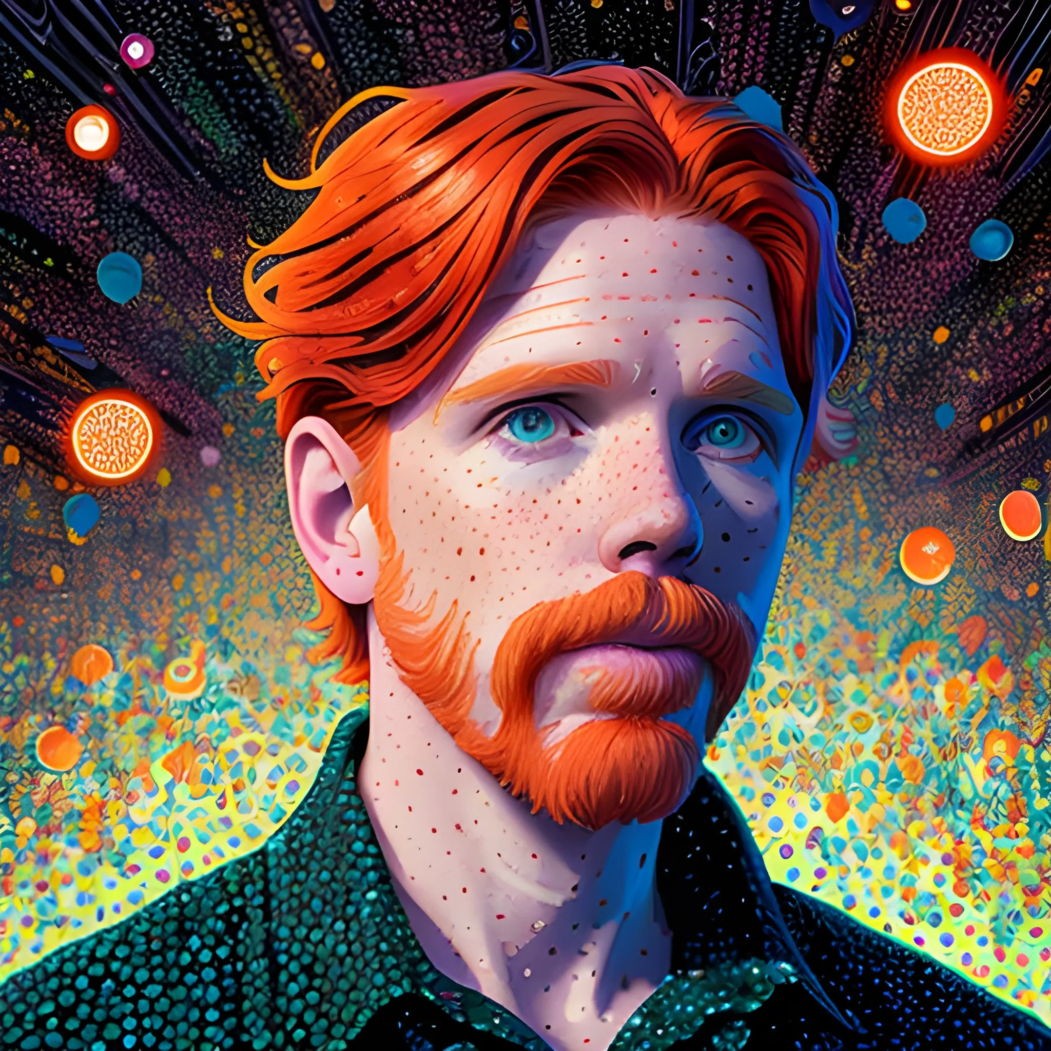 male actor Courtney Gains, his highly detailed handsome softly freckled face, meticulously detailed multi-hued red hair; by James R. Eads, Fausto-Giurescu, Tania Rivilis, Dan Mumford; luminous colorful sparkles, glitter, airbrush, depth of field, volumetric lighting