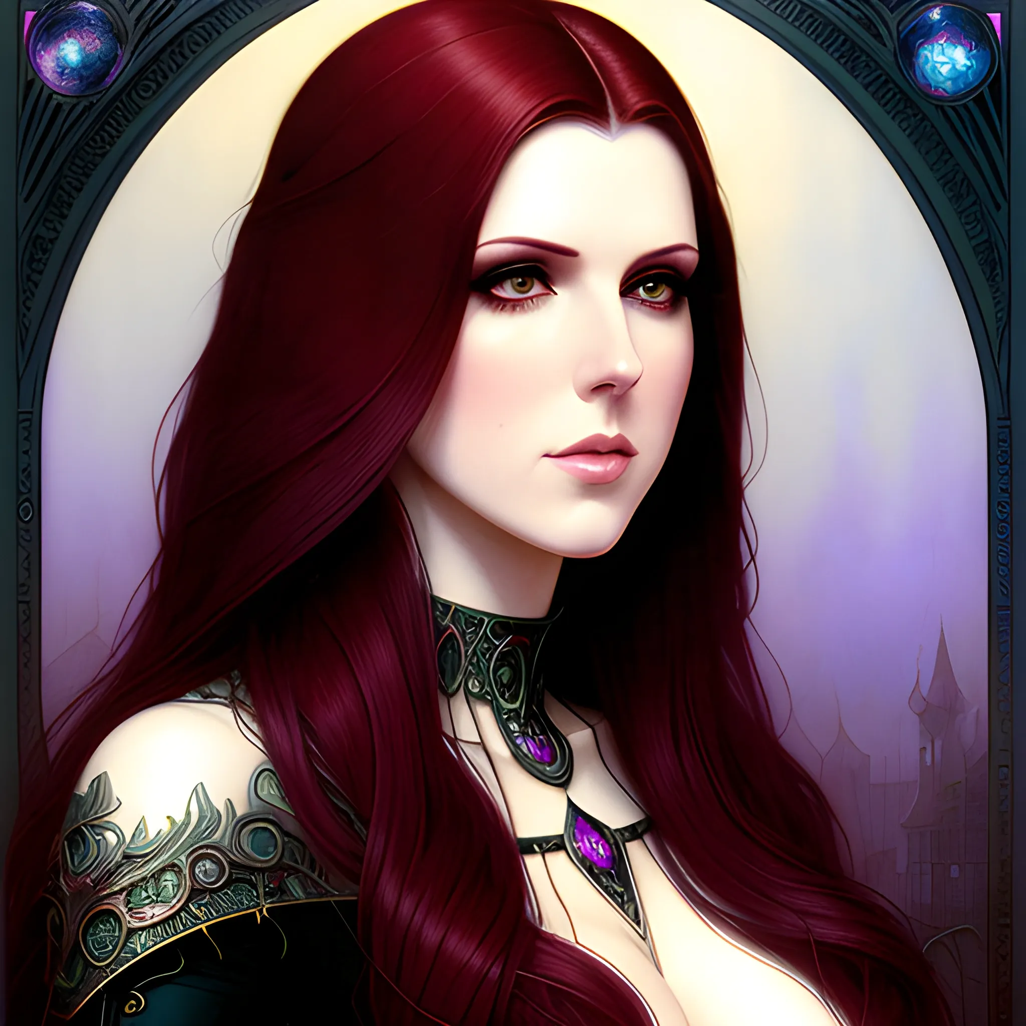 young Anna Kendrick, her highly detailed beautiful face, meticulously detailed multi-hued long straight dark hair, burgundy, berry wine and black, eldritch, macabre, by Stephen Gammell, Zdzislaw Beksinski; luminous color sparkles, Vintage Art, 8k resolution, art Nouveau poster; Alphonse Mucha, Artgerm, WLOP, Lisa Frank, James R. Eads, Illustration intricately detailed, Artstation, Chromolithography Soft Shading