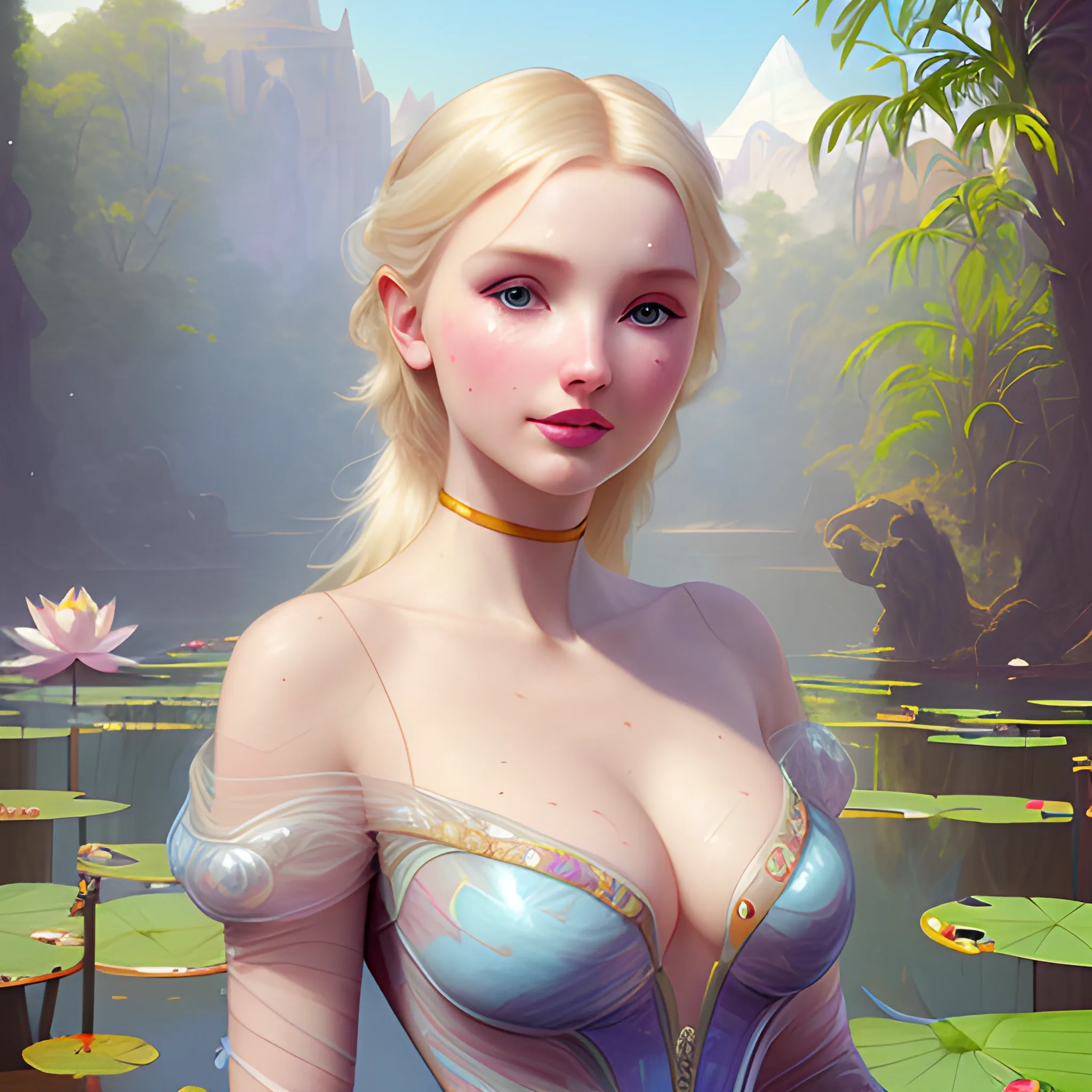 Elsa Hosk / Dove Cameron face morph; beautiful twins at a lotus pond; highly detailed beautiful faces; glitter, renaissance; high contrast, pastel, sorbet, pearlescent, Unreal Engine 5; by Dan Parent, Alphonse Mucha, Artgerm, WLOP, intricately detailed, fantasy, bizarre, beautiful, Chromolithography, Soft Shading, Unreal Engine; digital painting, smooth, sharp focus, illustration, art by lisa frank, Steve Goad, Frank Frazetta, William-Adolphe Bouguereau, Unreal Engine 5, Cartoon, 3D, Oil Painting