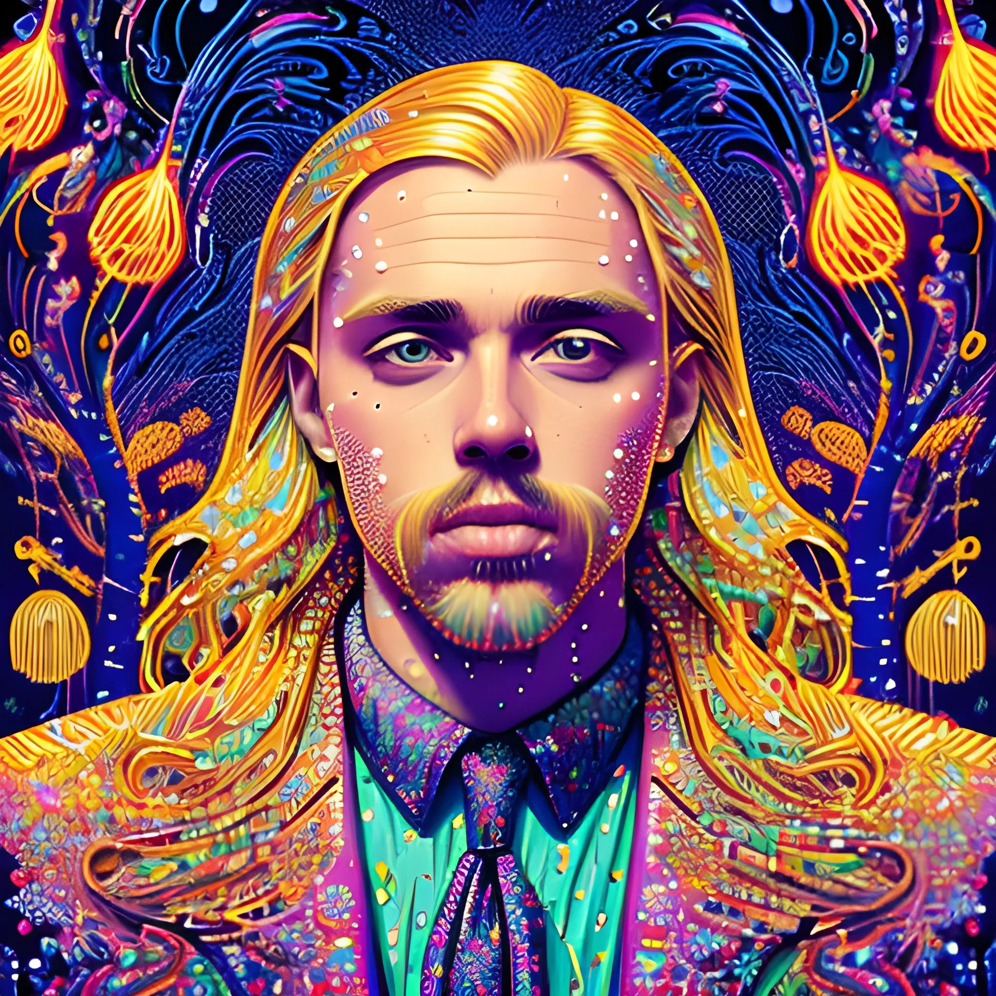 Estonian rapper Tommy Cash, his highly detailed handsome face, meticulously detailed long blond hair; by James R. Eads, Fausto-Giurescu, Tania Rivilis, Dan Mumford; luminous colorful sparkles, glitter, airbrush, depth of field, volumetric lighting