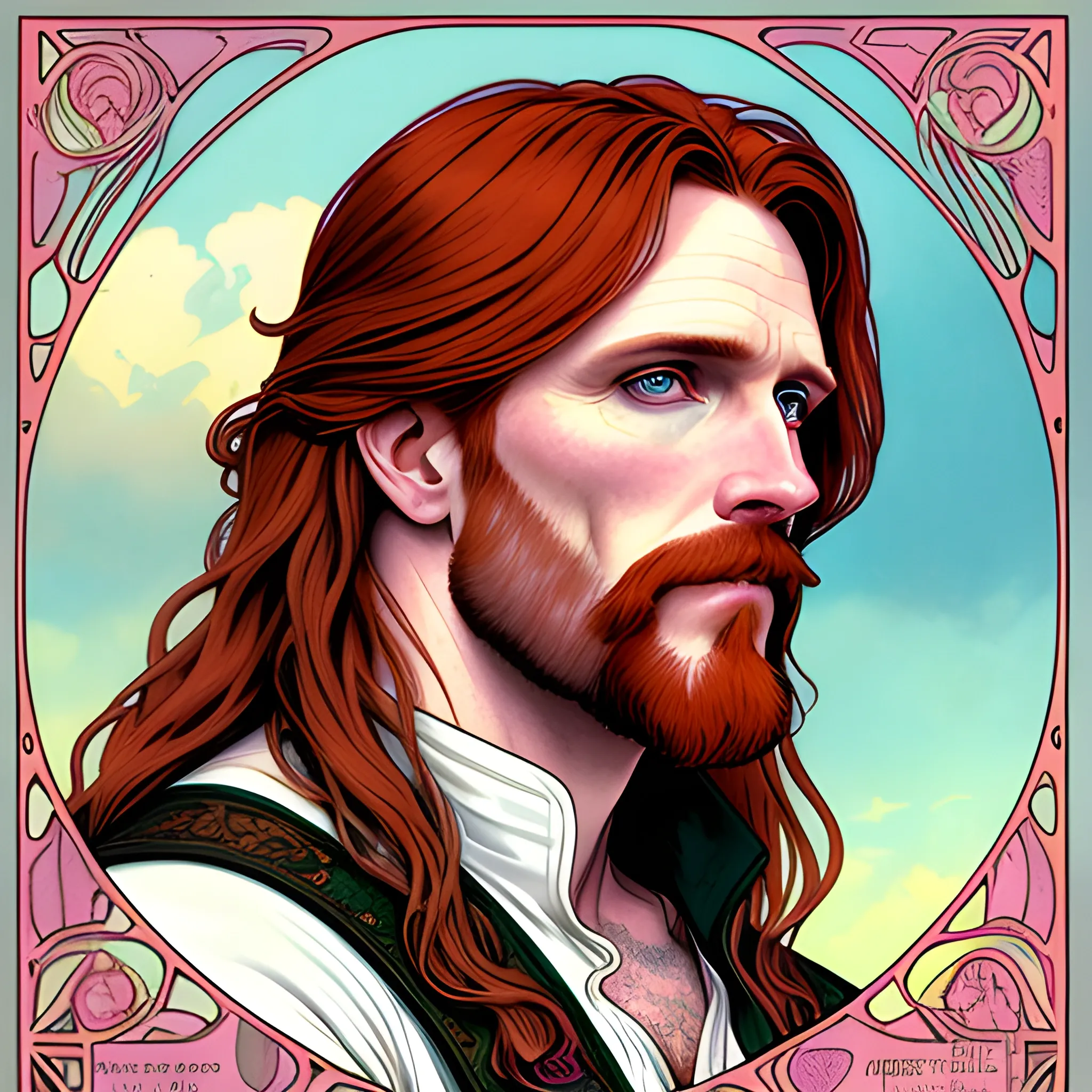 young Malachai of the Corn, Courtney Gains, his highly detailed, softly freckled handsome face, his clean, clear eyes, meticulously detailed, multi-hued, long red hair; hippie, pirate, he gazes far-away to the forest; pink, yellow, across a misty pastel-colored landscape, clouds; fantasy, Vintage Art, 8k resolution art Nouveau poster; Alphonse Mucha, Artgerm, WLOP, Illustration intricately detailed, trending on Artstation, Renaissance, triadic colors, Chromolithography Soft Shading