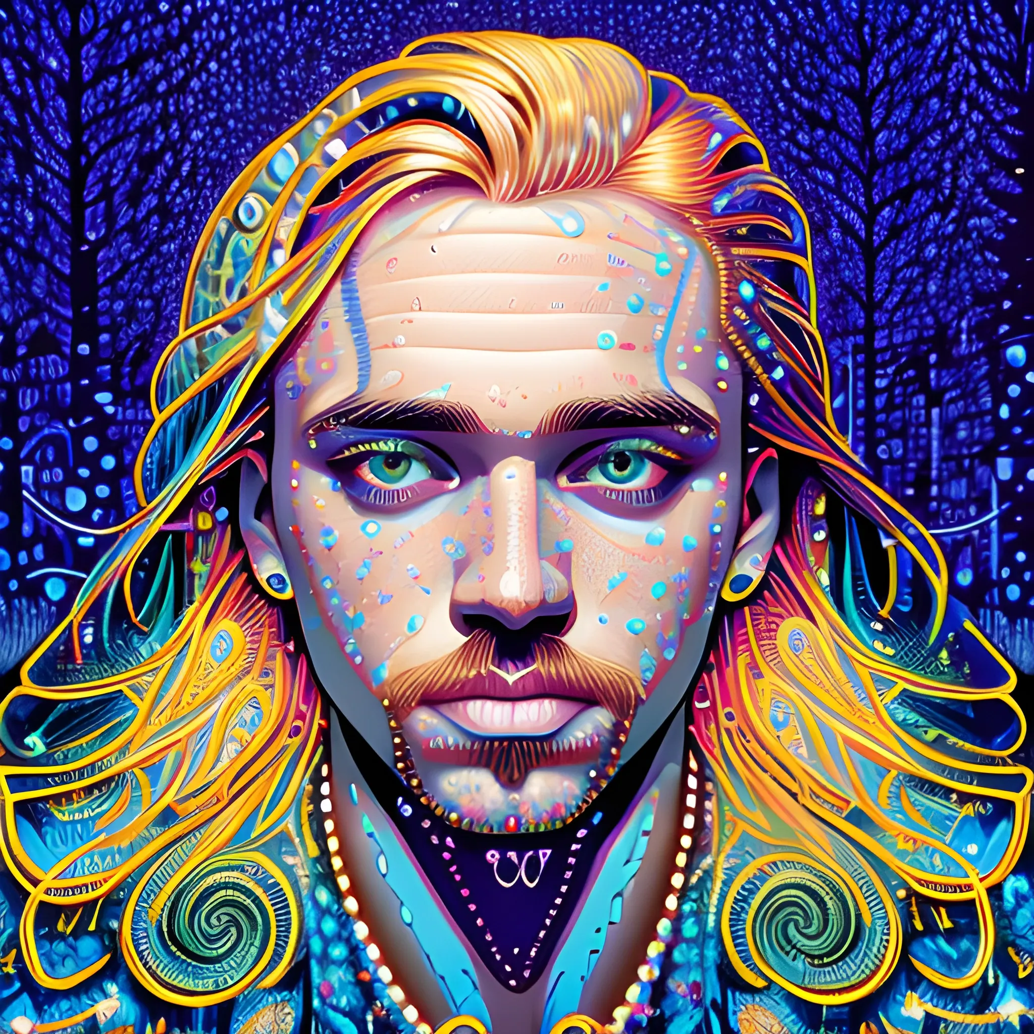 Estonian rapper Tommy Cash, his highly detailed handsome face, meticulously detailed long blond hair; by James R. Eads, Fausto-Giurescu, Tania Rivilis, Dan Mumford; luminous colorful sparkles, glitter, airbrush, depth of field, volumetric lighting