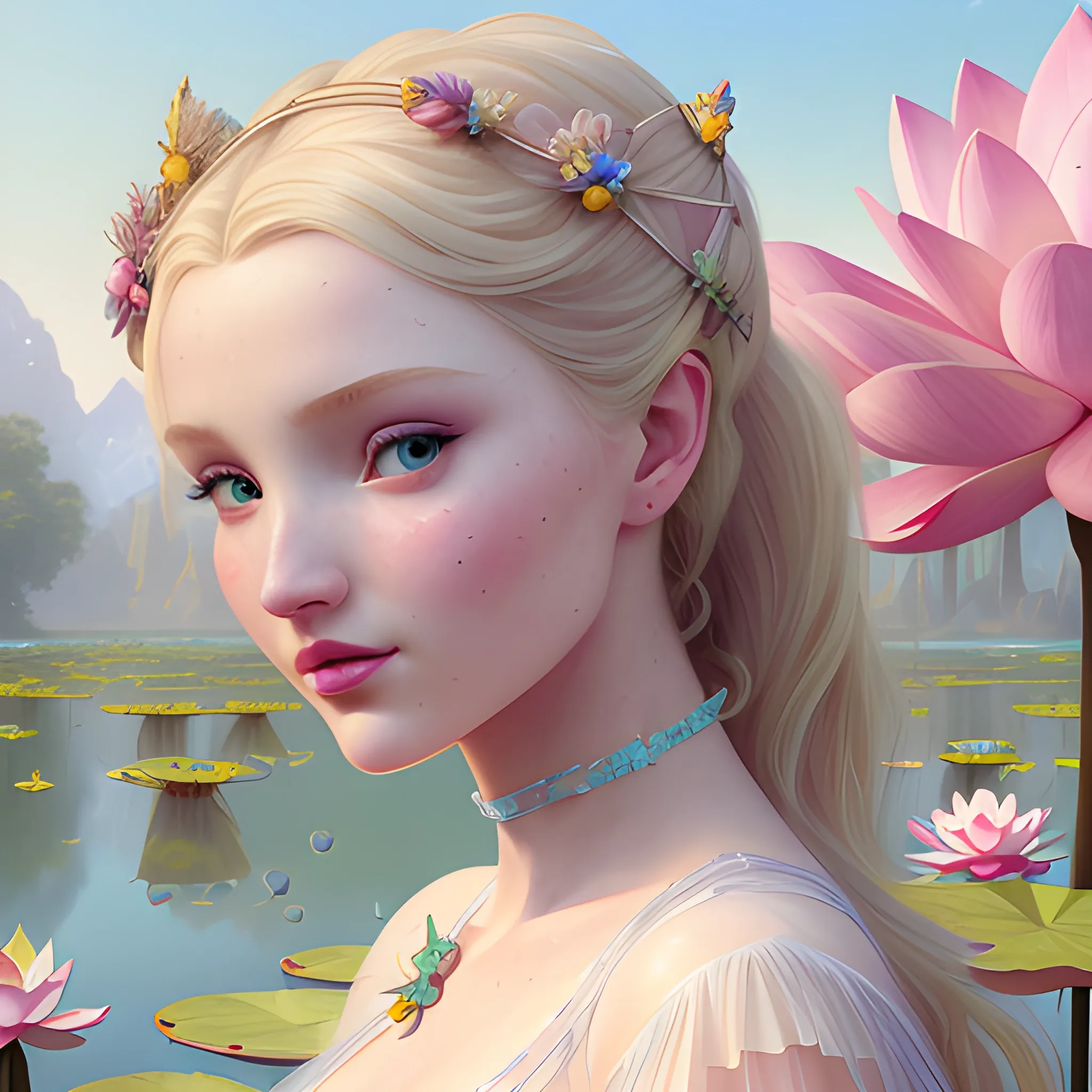 Elsa Hosk / Dove Cameron face morph; beautiful twins at a lotus pond; highly detailed beautiful faces; glitter, renaissance; high contrast, pastel, sorbet, pearlescent, Unreal Engine 5; by Dan Parent, Alphonse Mucha, Artgerm, WLOP, intricately detailed, fantasy, bizarre, beautiful, Chromolithography, Soft Shading, Unreal Engine; digital painting, smooth, sharp focus, illustration, art by lisa frank, Steve Goad, Frank Frazetta, William-Adolphe Bouguereau, Unreal Engine 5, Cartoon, 3D, Oil Painting