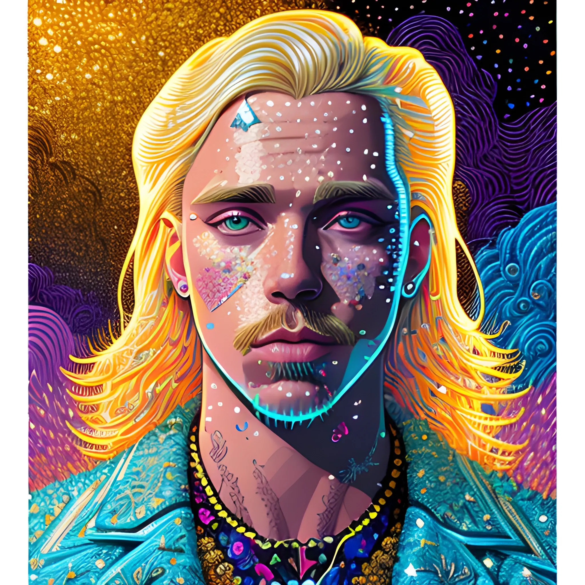 Estonian rapper Tommy Cash, his highly detailed handsome face, meticulously detailed long blond hair; by James R. Eads, Fausto-Giurescu, Tania Rivilis, Dan Mumford; luminous colorful sparkles, glitter, airbrush, depth of field, volumetric lighting