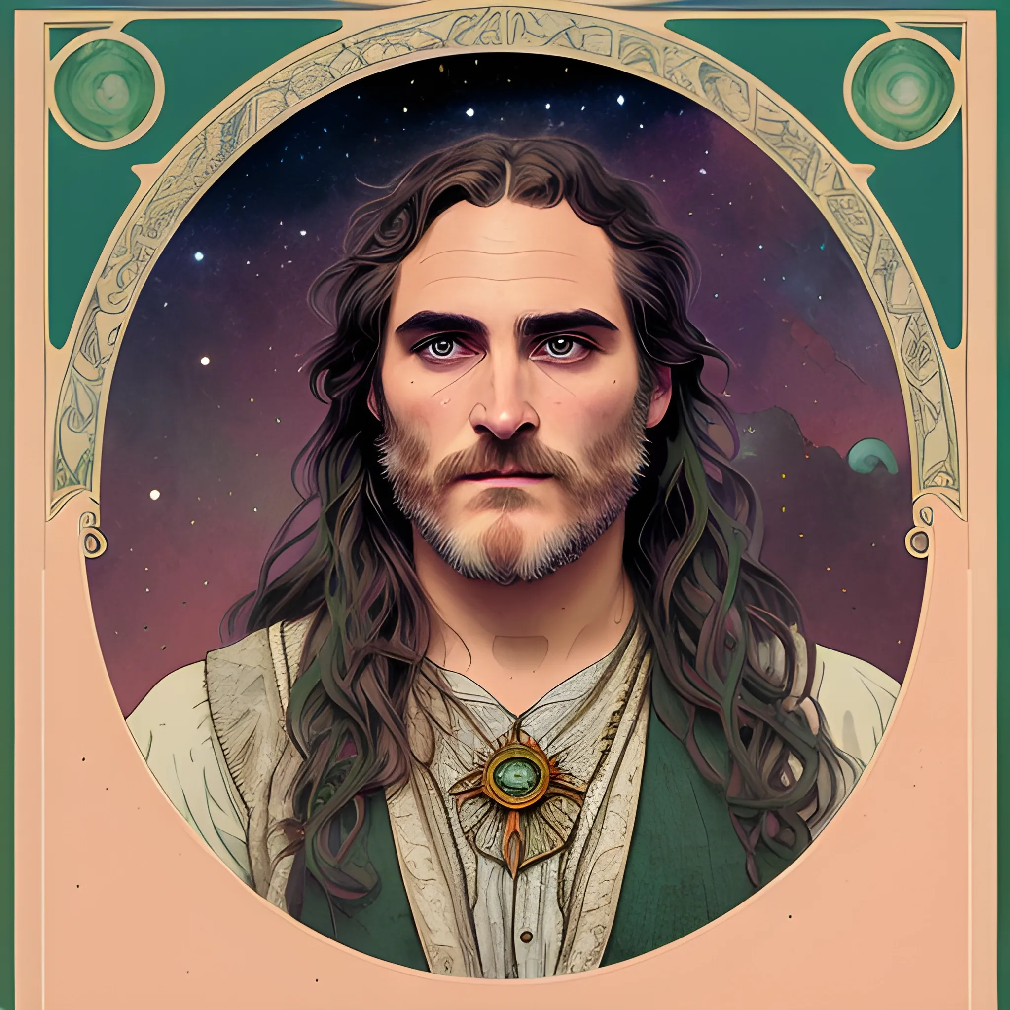 Joaquin Phoenix, his highly detailed, softly freckled handsome face, his clean, clear lavender-green eyes, meticulously detailed, multi-hued, long dark hair; hippie, fullmoon in a nebula sky, clouds; fantasy, Vintage Art, 8k resolution art Nouveau poster; Alphonse Mucha, Artgerm, WLOP, Illustration intricately detailed, trending on Artstation, Renaissance, triadic colors, Chromolithography Soft Shading