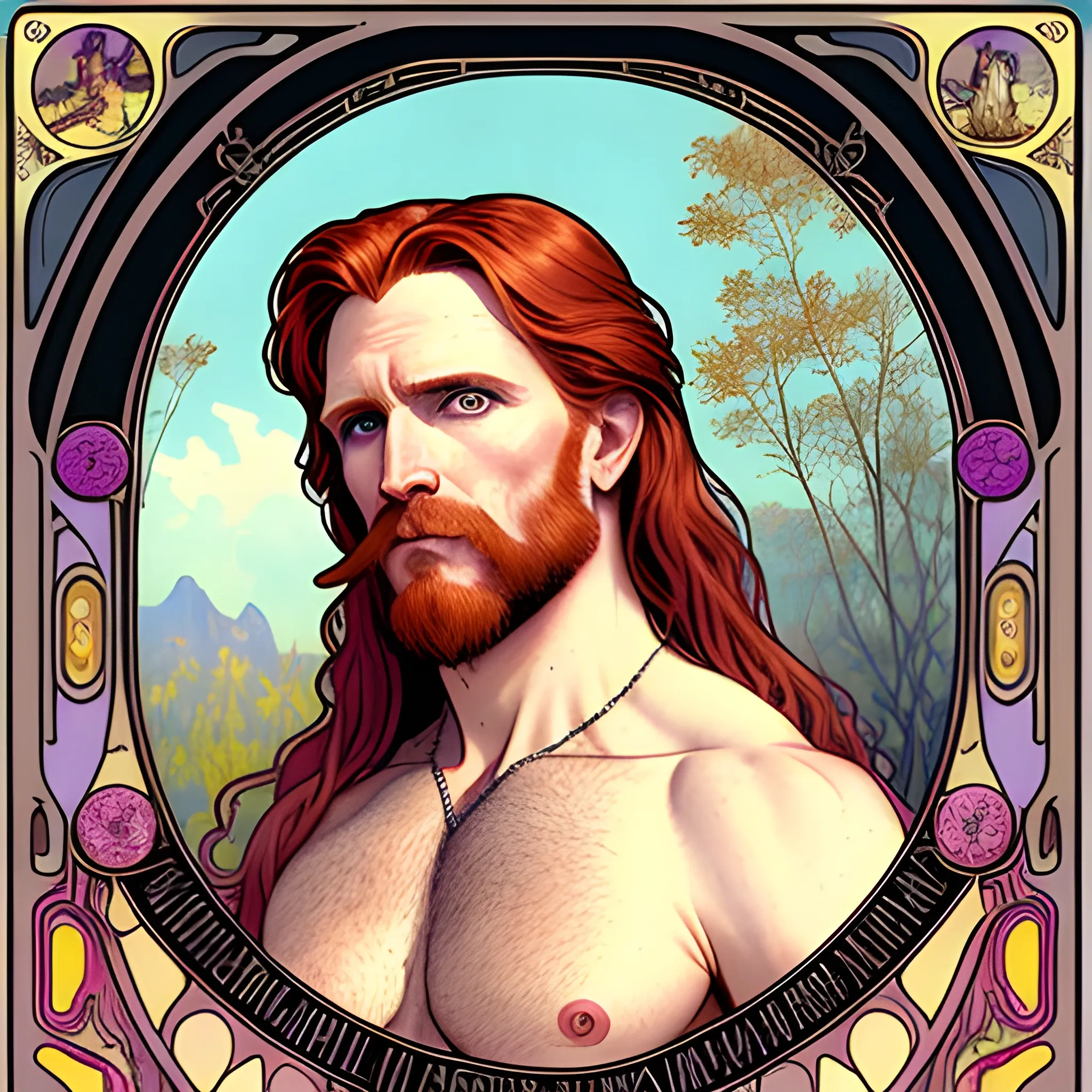 young Malachai of the Corn, Courtney Gains, his highly detailed, softly freckled handsome face, his clean, clear eyes, meticulously detailed, multi-hued, long red hair; hippie, pirate, he gazes far-away to the forest; pink, yellow, across a misty pastel-colored landscape, clouds; fantasy, Vintage Art, 8k resolution art Nouveau poster; Alphonse Mucha, Artgerm, WLOP, Illustration intricately detailed, trending on Artstation, Renaissance, triadic colors, Chromolithography Soft Shading