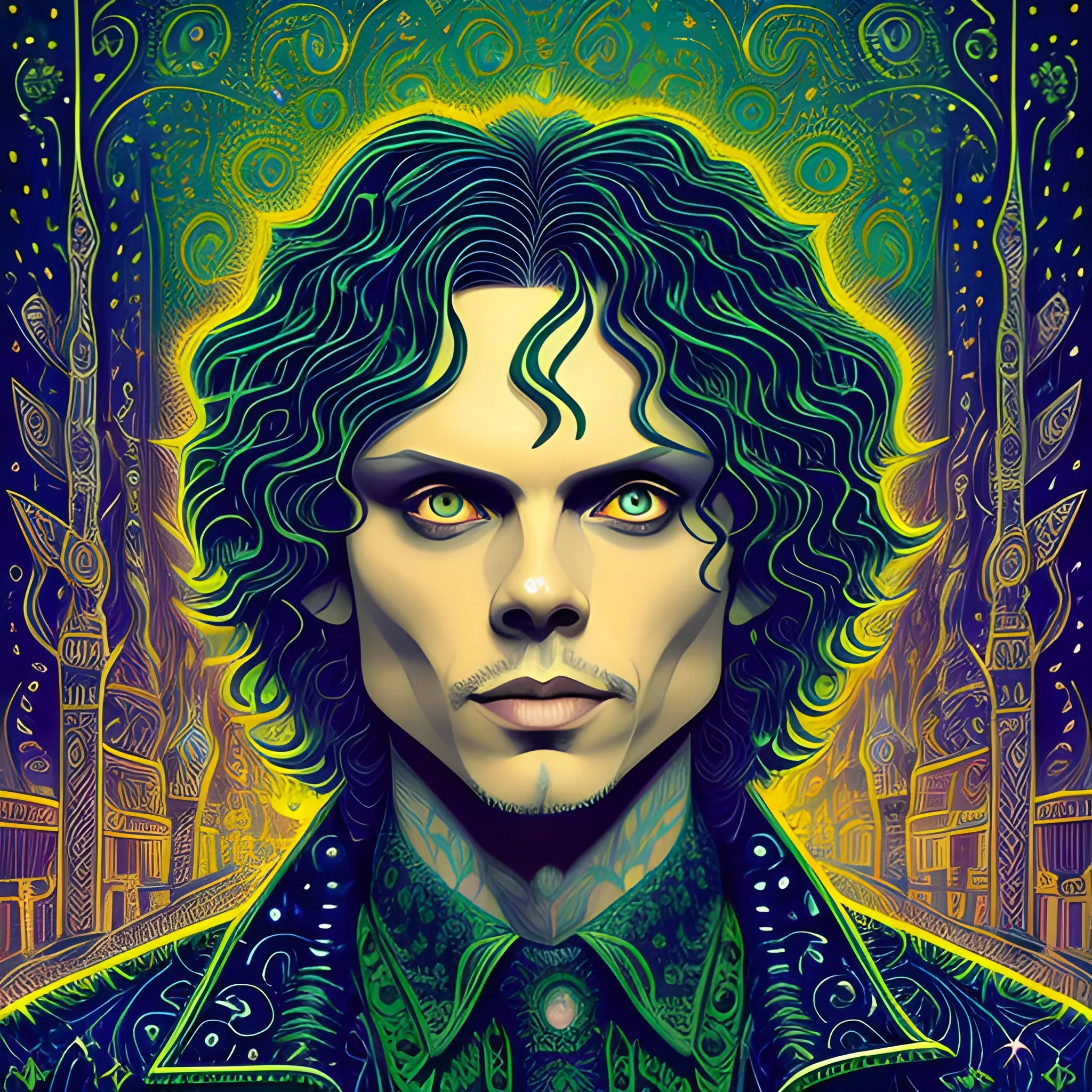 Ville Valo, his highly detailed handsome face, striking green eyes, meticulously detailed long dark hair; by James R. Eads, Fausto-Giurescu, Tania Rivilis, Dan Mumford; luminous colorful sparkles, glitter, airbrush, depth of field, volumetric lighting