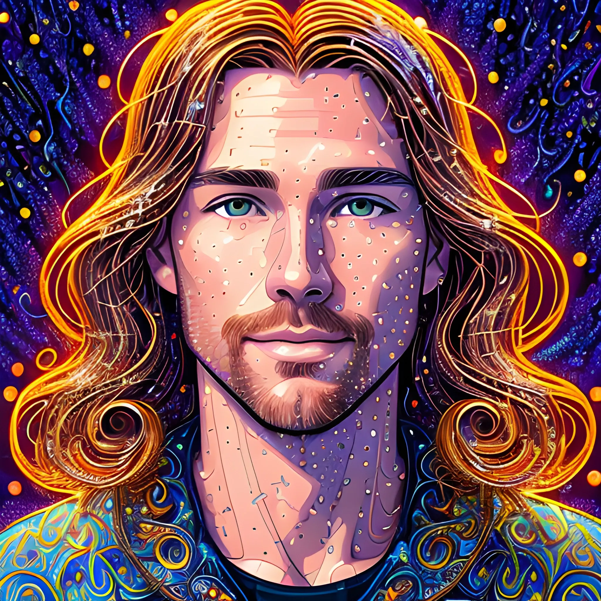 Stick Figure Scott Woodruff, his highly detailed handsome face, meticulously detailed long brown hair; by James R. Eads, Fausto-Giurescu, Tania Rivilis, Dan Mumford; luminous colorful sparkles, glitter, airbrush, depth of field, volumetric lighting