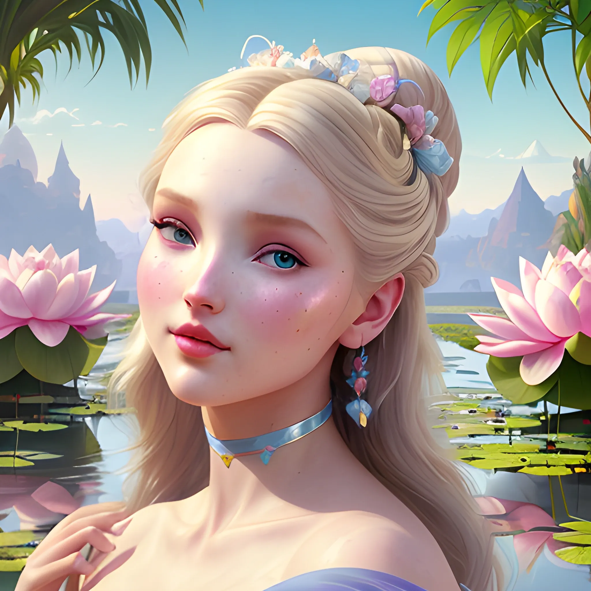 Elsa Hosk / Dove Cameron face morph; beautiful twins at a lotus pond; highly detailed beautiful faces; glitter, renaissance; high contrast, pastel, sorbet, pearlescent, Unreal Engine 5; by Dan Parent, Alphonse Mucha, Artgerm, WLOP, intricately detailed, fantasy, bizarre, beautiful, Chromolithography, Soft Shading, Unreal Engine; digital painting, smooth, sharp focus, illustration, art by lisa frank, Steve Goad, Frank Frazetta, William-Adolphe Bouguereau, Unreal Engine 5, Cartoon, 3D, Oil Painting