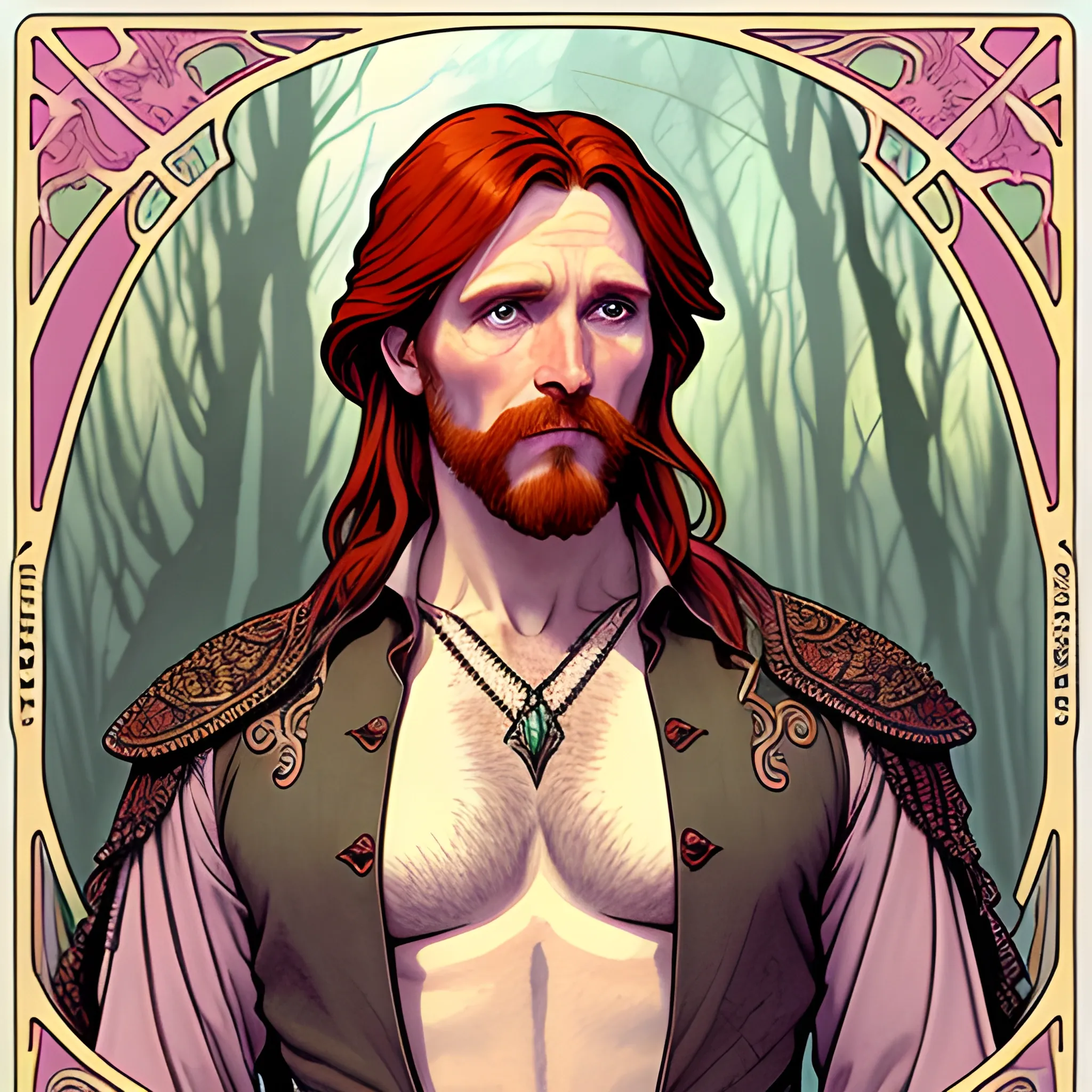 young Malachai of the Corn, Courtney Gains, his highly detailed, softly freckled handsome face, his clean, clear eyes, meticulously detailed, multi-hued, long red hair; hippie, pirate, he gazes far-away to the forest; pink, yellow, across a misty pastel-colored landscape, clouds; fantasy, Vintage Art, 8k resolution art Nouveau poster; Alphonse Mucha, Artgerm, WLOP, Illustration intricately detailed, trending on Artstation, Renaissance, triadic colors, Chromolithography Soft Shading