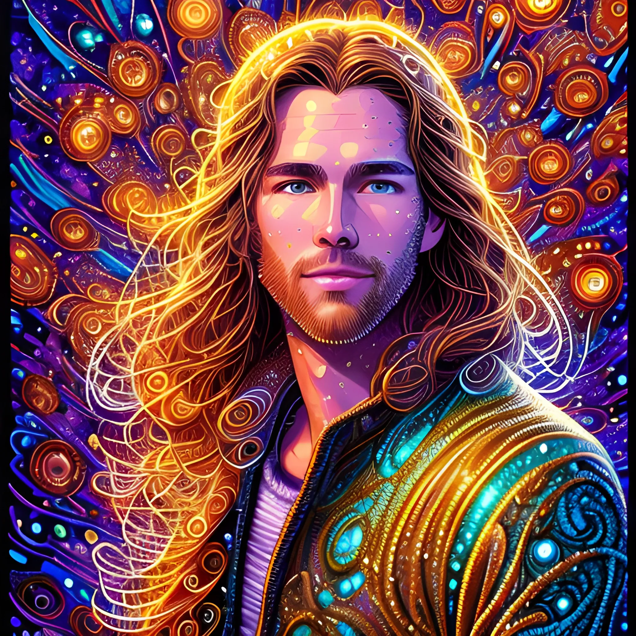 Stick Figure Scott Woodruff, his highly detailed handsome face, meticulously detailed long brown hair; by James R. Eads, Fausto-Giurescu, Tania Rivilis, Dan Mumford; luminous colorful sparkles, glitter, airbrush, depth of field, volumetric lighting