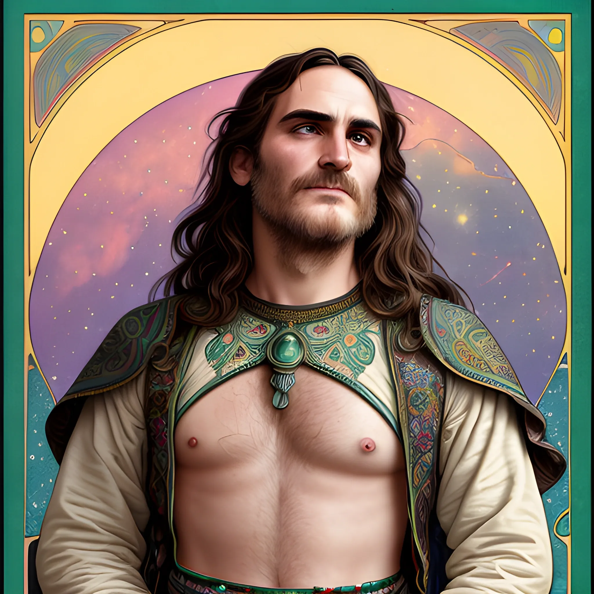 Joaquin Phoenix, his highly detailed, softly freckled handsome face, his clean, clear lavender-green eyes, meticulously detailed, multi-hued, long dark hair; hippie, fullmoon in a nebula sky, clouds; fantasy, Vintage Art, 8k resolution art Nouveau poster; Alphonse Mucha, Artgerm, WLOP, Illustration intricately detailed, trending on Artstation, Renaissance, triadic colors, Chromolithography Soft Shading