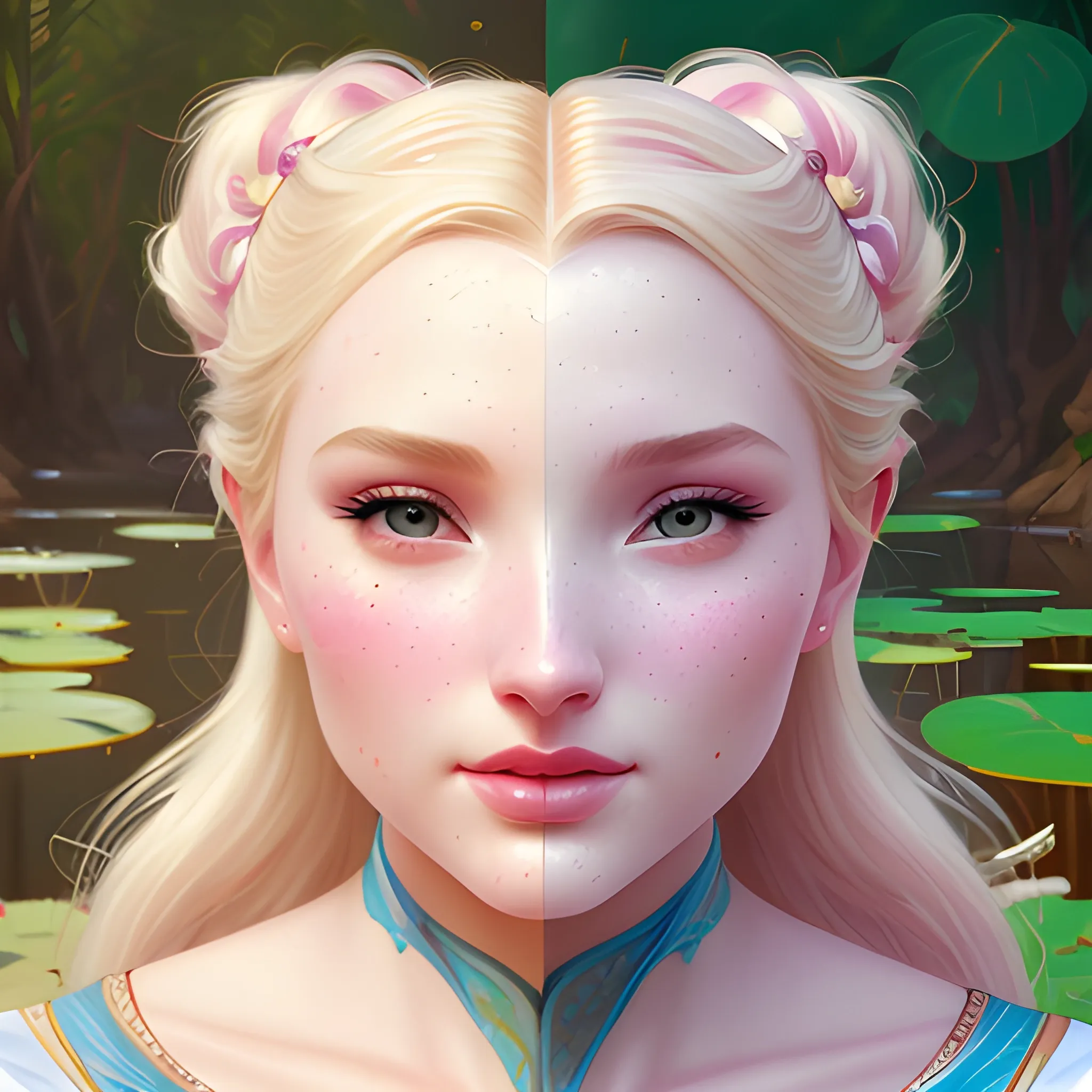 Elsa Hosk / Dove Cameron face morph; beautiful twins at a lotus pond; highly detailed beautiful faces; glitter, renaissance; high contrast, pastel, sorbet, pearlescent, Unreal Engine 5; by Dan Parent, Alphonse Mucha, Artgerm, WLOP, intricately detailed, fantasy, bizarre, beautiful, Chromolithography, Soft Shading, Unreal Engine; digital painting, smooth, sharp focus, illustration, art by lisa frank, Steve Goad, Frank Frazetta, William-Adolphe Bouguereau, Unreal Engine 5, Cartoon, 3D, Oil Painting