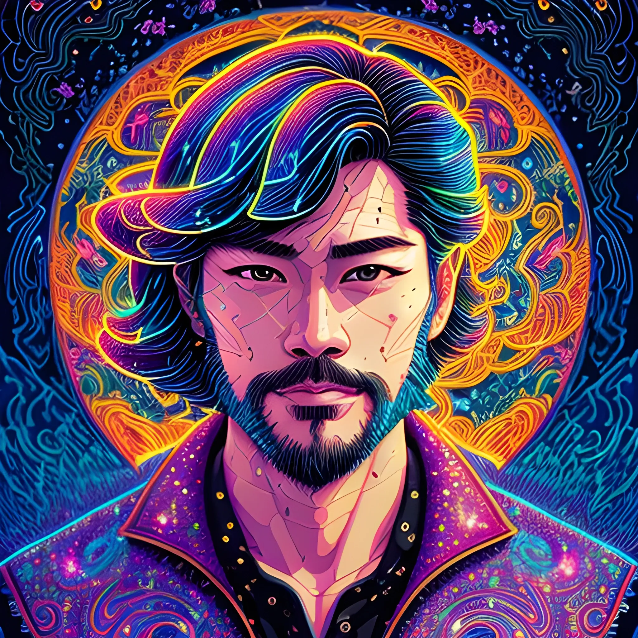 KBong, Kevin Bong, his highly detailed angular handsome face, meticulously detailed long black hair; by James R. Eads, Fausto-Giurescu, Tania Rivilis, Dan Mumford; luminous colorful sparkles, glitter, airbrush, depth of field, volumetric lighting