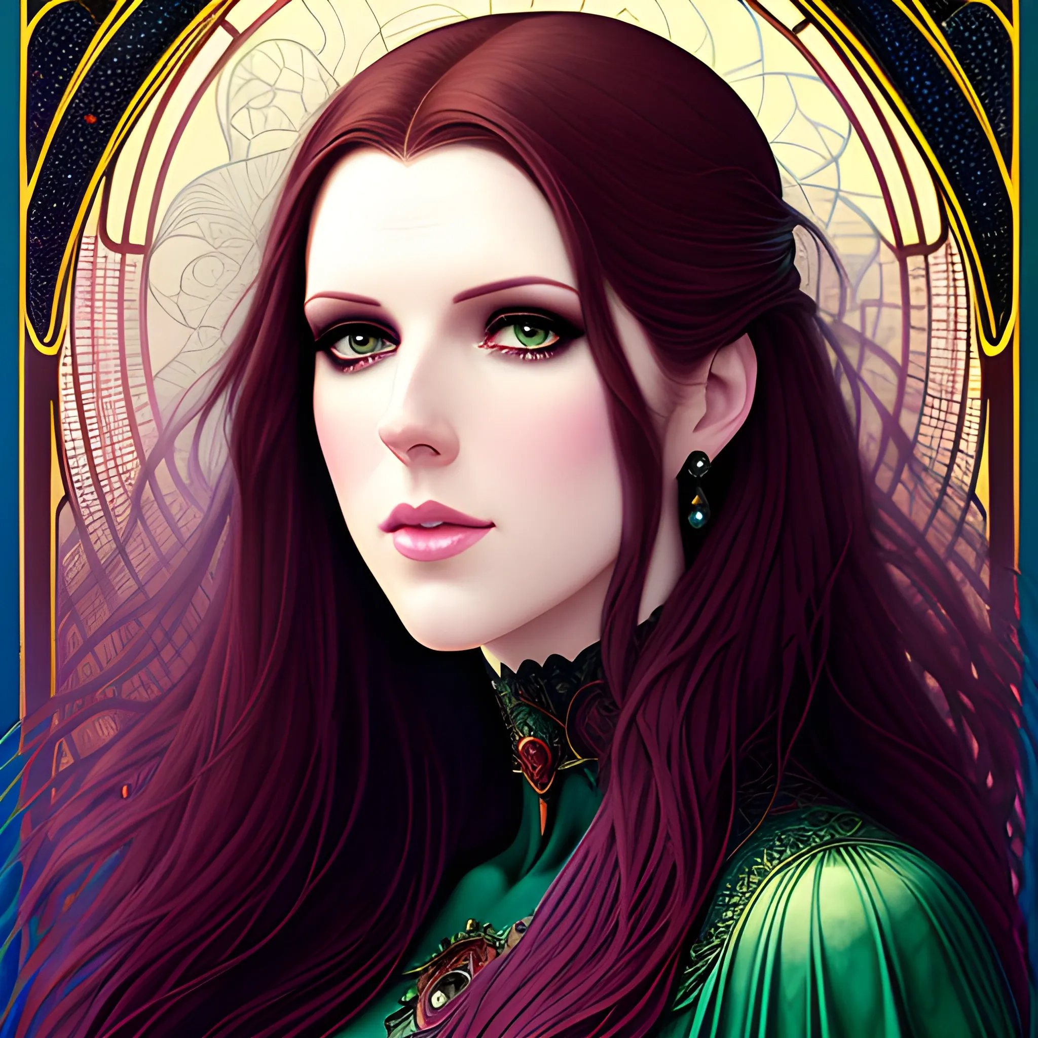 young Anna Kendrick, her highly detailed beautiful face, meticulously detailed multi-hued long straight dark hair, burgundy, berry wine and black, eldritch, macabre, by Stephen Gammell, Zdzislaw Beksinski; luminous color sparkles, Vintage Art, 8k resolution, art Nouveau poster; Alphonse Mucha, Artgerm, WLOP, Lisa Frank, James R. Eads, Illustration intricately detailed, Artstation, Chromolithography Soft Shading