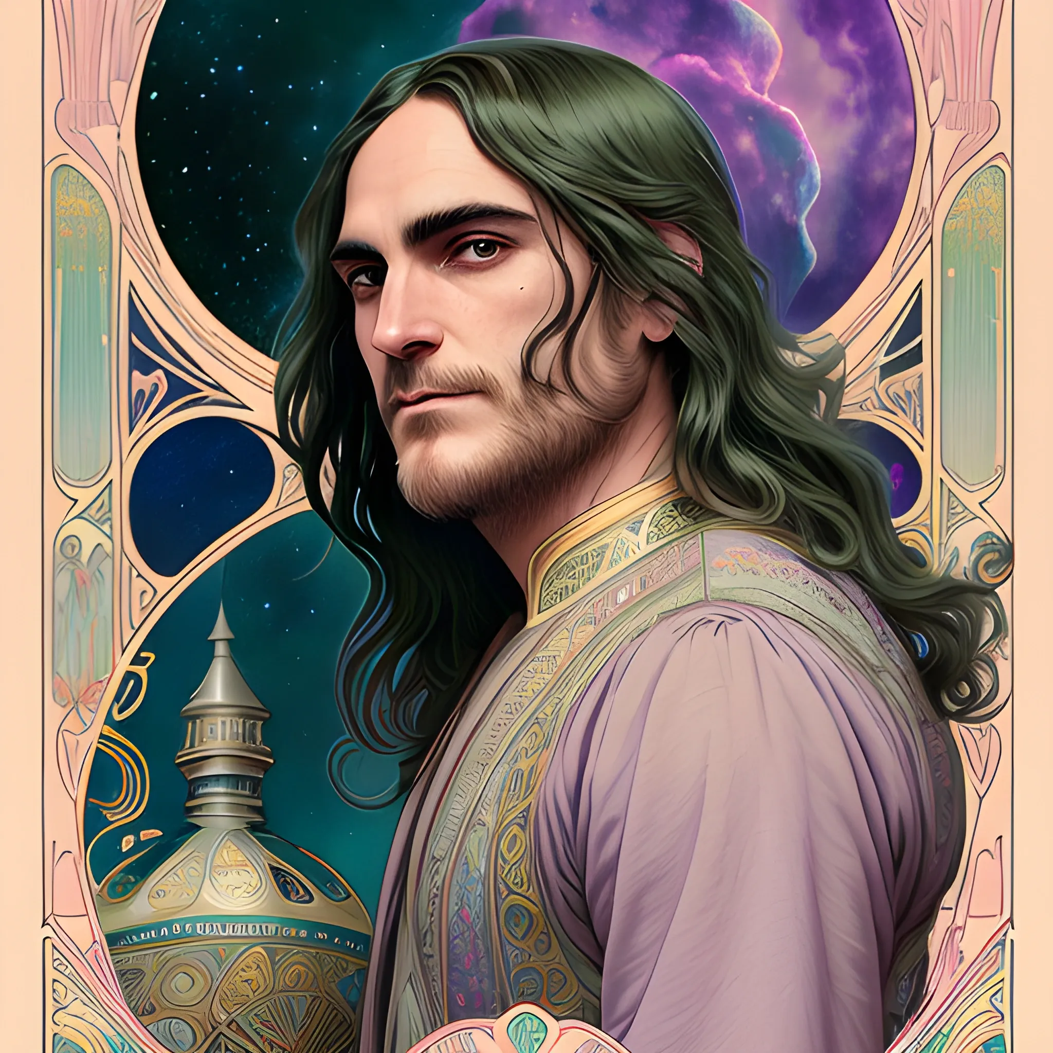 Joaquin Phoenix, his highly detailed, softly freckled handsome face, his clean, clear lavender-green eyes, meticulously detailed, multi-hued, long dark hair; hippie, fullmoon in a nebula sky, clouds; fantasy, Vintage Art, 8k resolution art Nouveau poster; Alphonse Mucha, Artgerm, WLOP, Illustration intricately detailed, trending on Artstation, Renaissance, triadic colors, Chromolithography Soft Shading