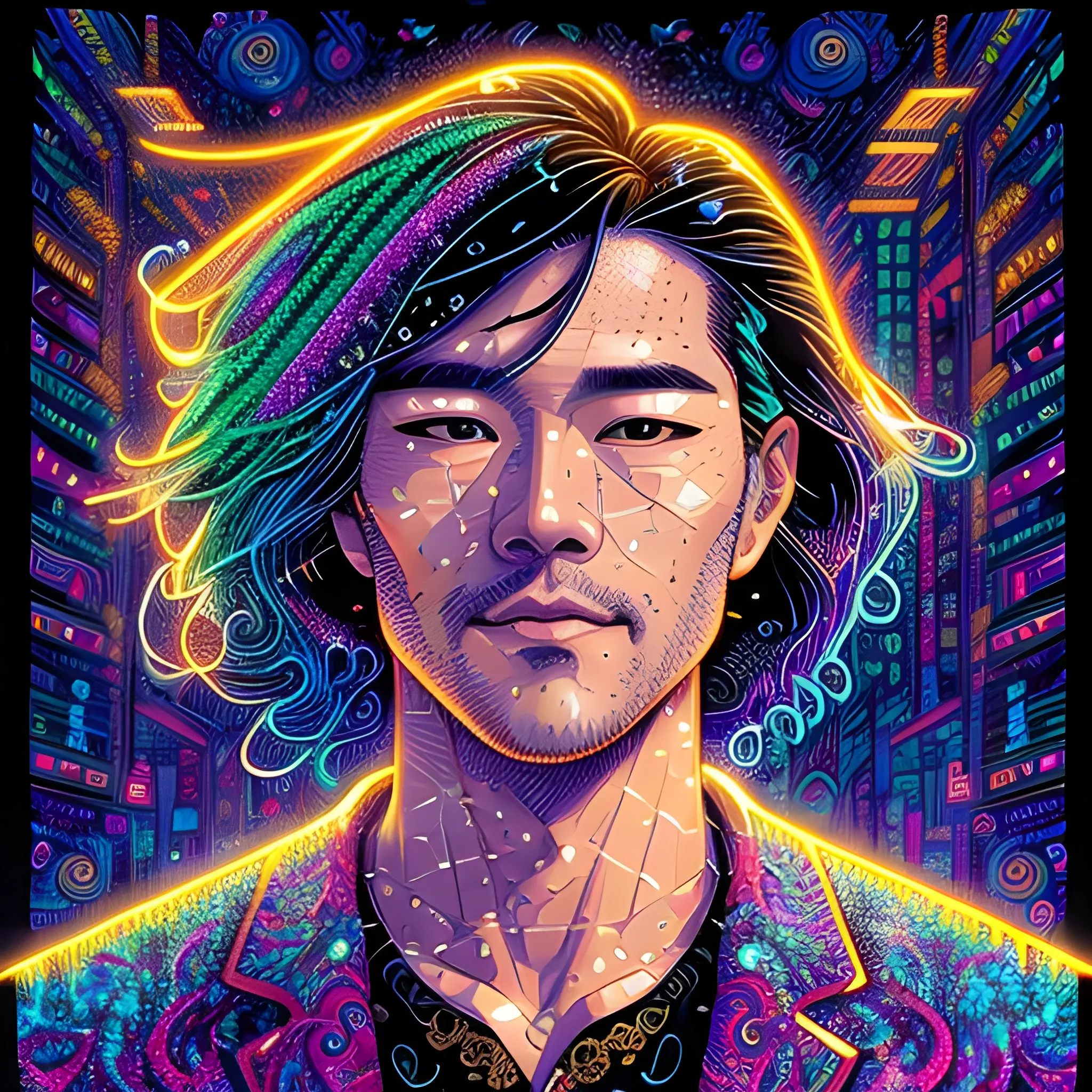 KBong, Kevin Bong, his highly detailed angular handsome face, meticulously detailed long black hair; by James R. Eads, Fausto-Giurescu, Tania Rivilis, Dan Mumford; luminous colorful sparkles, glitter, airbrush, depth of field, volumetric lighting