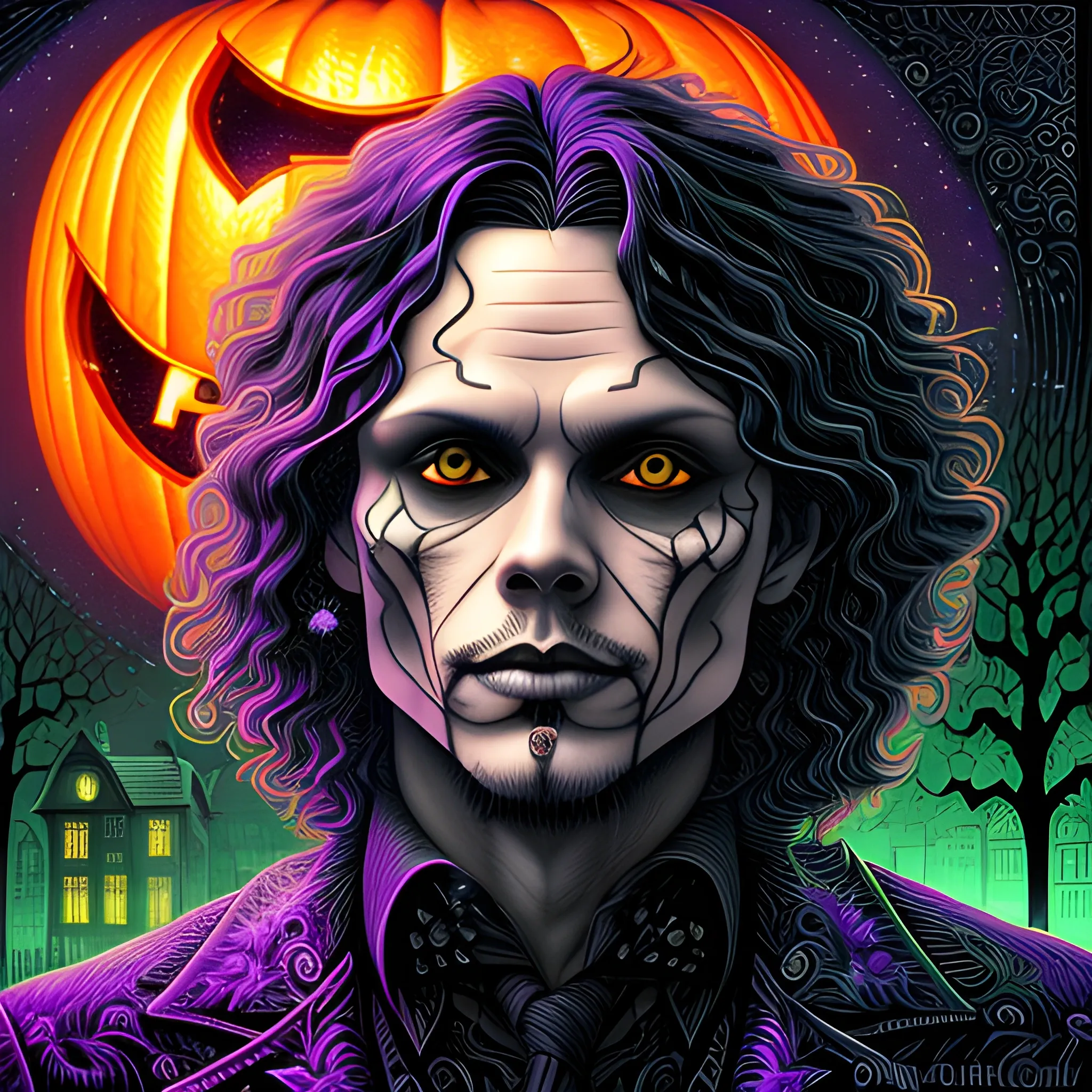 Ville Valo, his highly detailed handsome face, striking eyes, meticulously detailed long dark hair; by James R. Eads, Fausto-Giurescu, Tania Rivilis, Dan Mumford; airbrush, depth of field, volumetric lighting, Halloween, orange, purple, green, Halloween