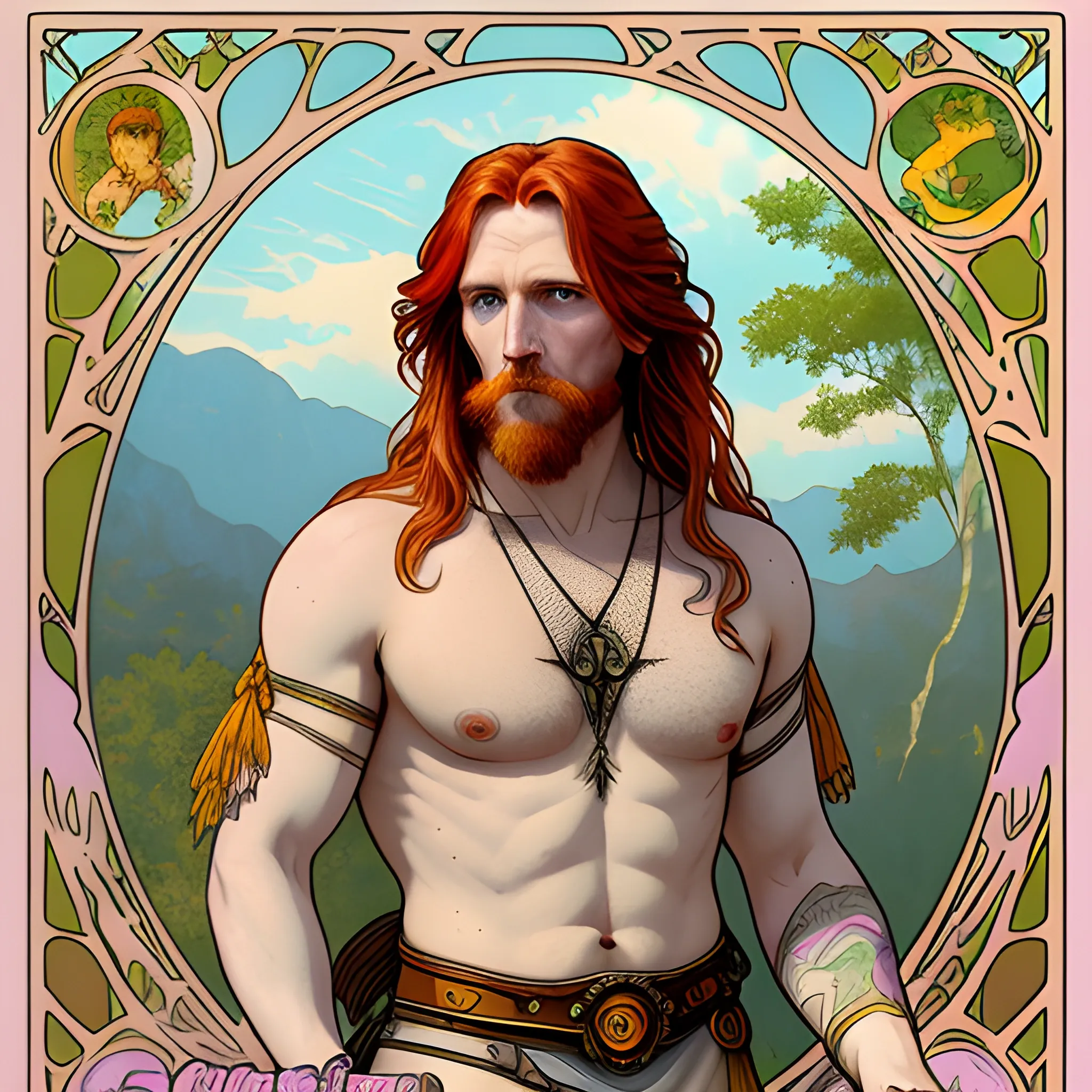 young Malachai of the Corn, Courtney Gains, his highly detailed, softly freckled handsome face, his clean, clear eyes, meticulously detailed, multi-hued, long red hair; hippie, pirate, he gazes far-away to the forest; pink, yellow, across a misty pastel-colored landscape, clouds; fantasy, Vintage Art, 8k resolution art Nouveau poster; Alphonse Mucha, Artgerm, WLOP, Illustration intricately detailed, trending on Artstation, Renaissance, triadic colors, Chromolithography Soft Shading