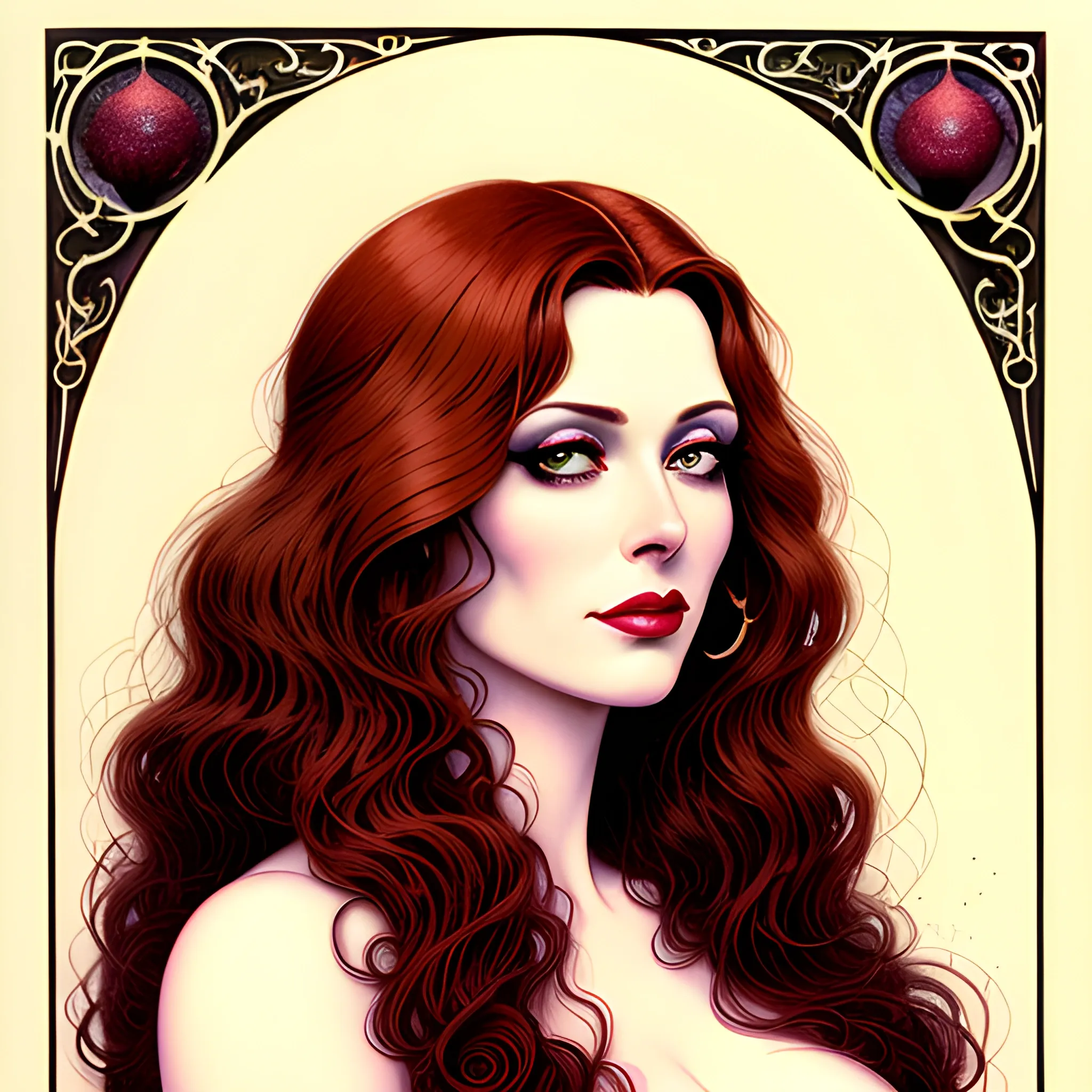 young Natasha Lyonne, her highly detailed beautiful face, brown eyes, meticulously detailed multi-hued long curly red hair, burgundy, berry wine and black, eldritch, macabre, by Stephen Gammell, Zdzislaw Beksinski; luminous color sparkles, Vintage Art, 8k resolution, art Nouveau poster; Alphonse Mucha, Artgerm, WLOP, Lisa Frank, James R. Eads, Illustration intricately detailed, Artstation, Chromolithography Soft Shading