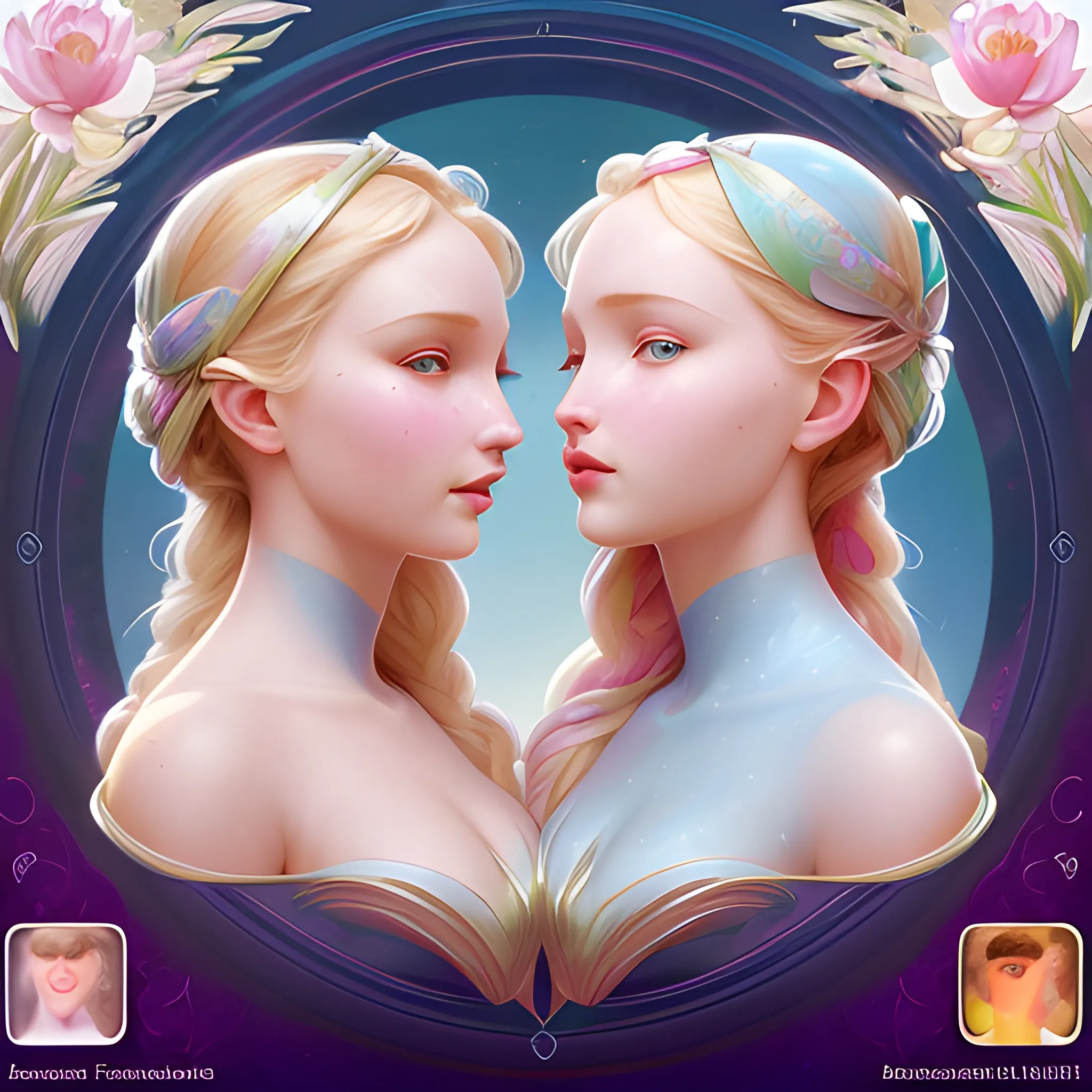 Elsa Hosk / Dove Cameron face morph; beautiful twins at a lotus pond; highly detailed beautiful faces; glitter, renaissance; high contrast, pastel, sorbet, pearlescent, Unreal Engine 5; by Dan Parent, Alphonse Mucha, Artgerm, WLOP, intricately detailed, fantasy, bizarre, beautiful, Chromolithography, Soft Shading, Unreal Engine; digital painting, smooth, sharp focus, illustration, art by lisa frank, Steve Goad, Frank Frazetta, William-Adolphe Bouguereau, Unreal Engine 5, Cartoon, 3D, Oil Painting