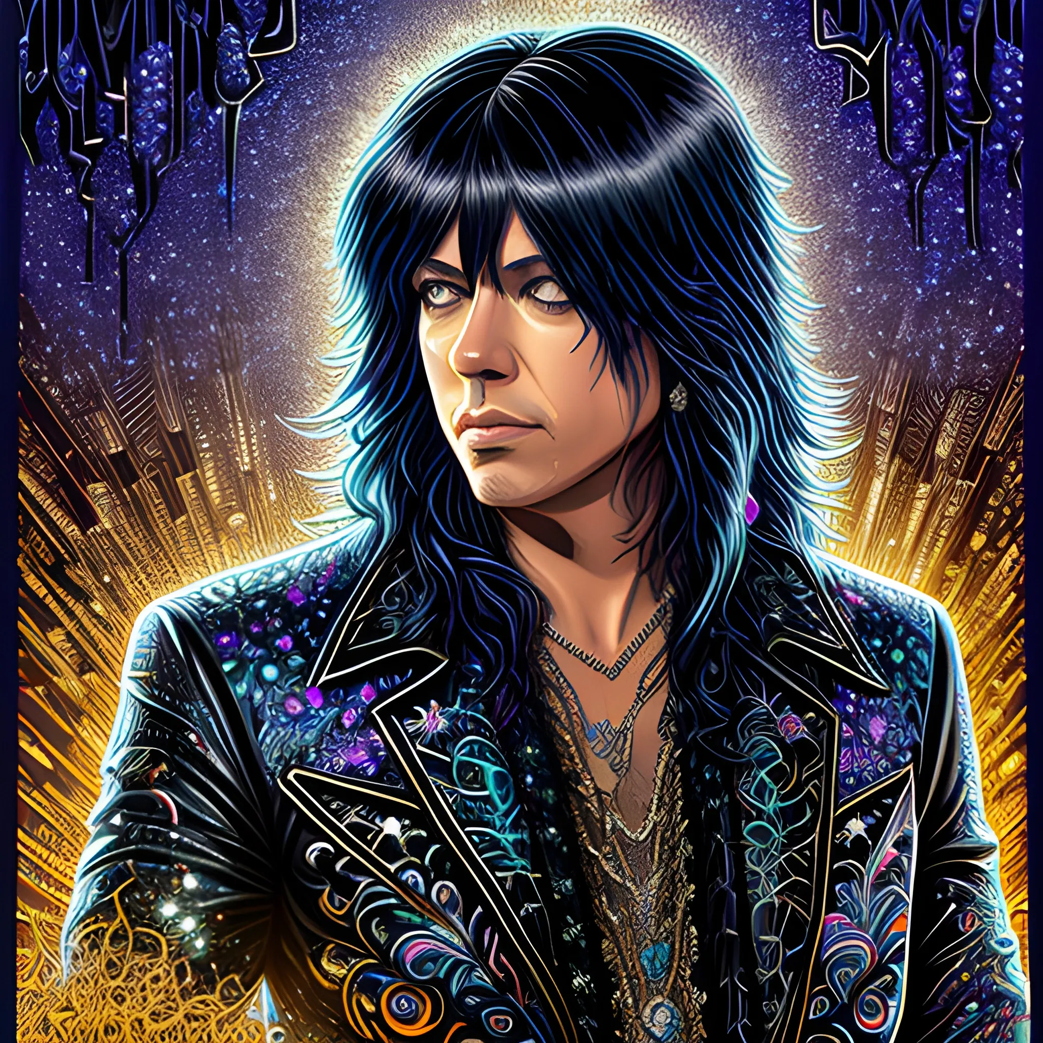 Tom Keifer, his highly detailed angular handsome face, meticulously detailed long black hair; by James R. Eads, Fausto-Giurescu, Tania Rivilis, Dan Mumford; luminous colorful sparkles, glitter, airbrush, depth of field, volumetric lighting, rockstar