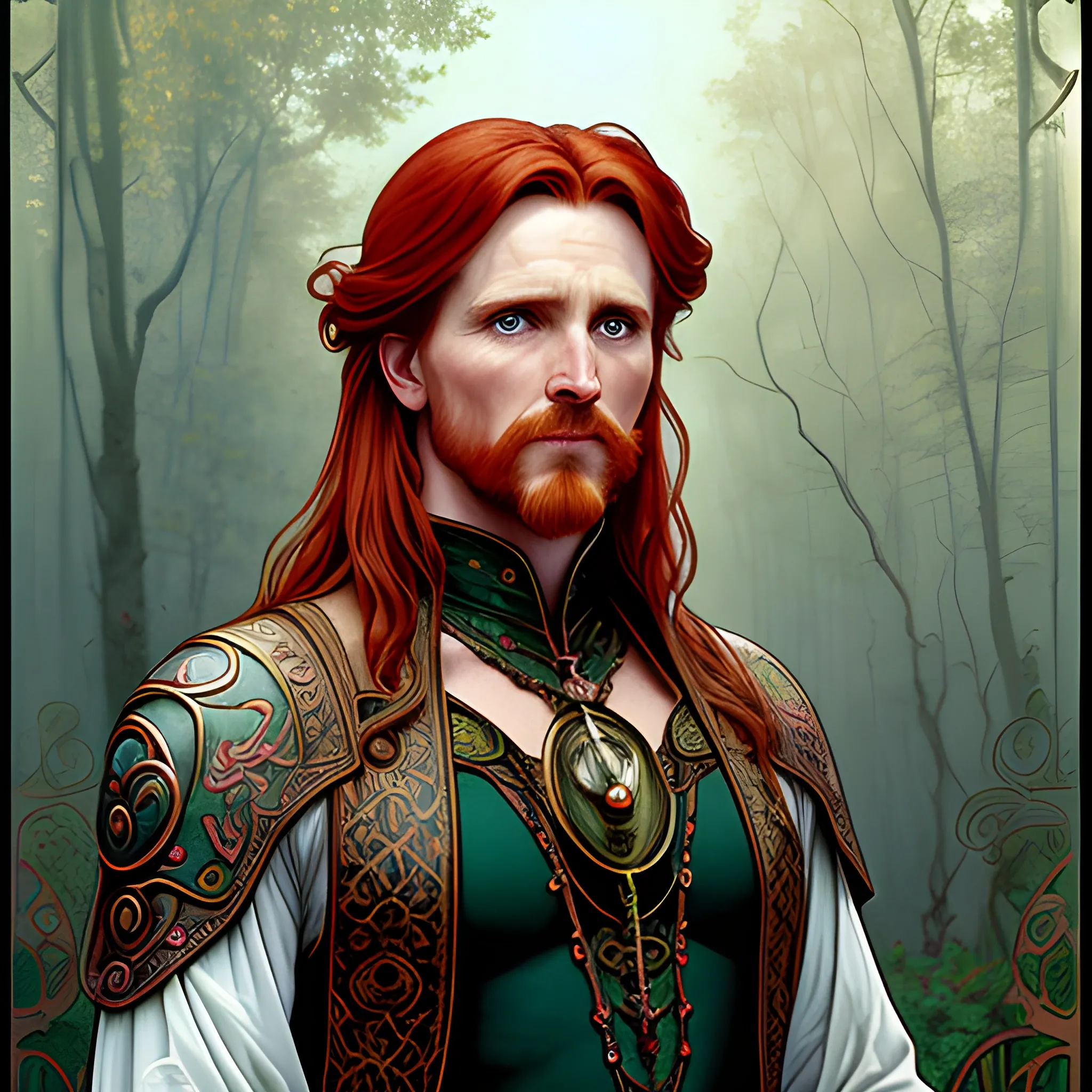 young Malachai of the Corn, Courtney Gains, his highly detailed, softly freckled handsome face, his clean, clear eyes, meticulously detailed, multi-hued, long red hair; hippie, pirate, he gazes far-away to the forest; pink, yellow, across a misty pastel-colored landscape, clouds; fantasy, Vintage Art, 8k resolution art Nouveau poster; Alphonse Mucha, Artgerm, WLOP, Illustration intricately detailed, trending on Artstation, Renaissance, triadic colors, Chromolithography Soft Shading