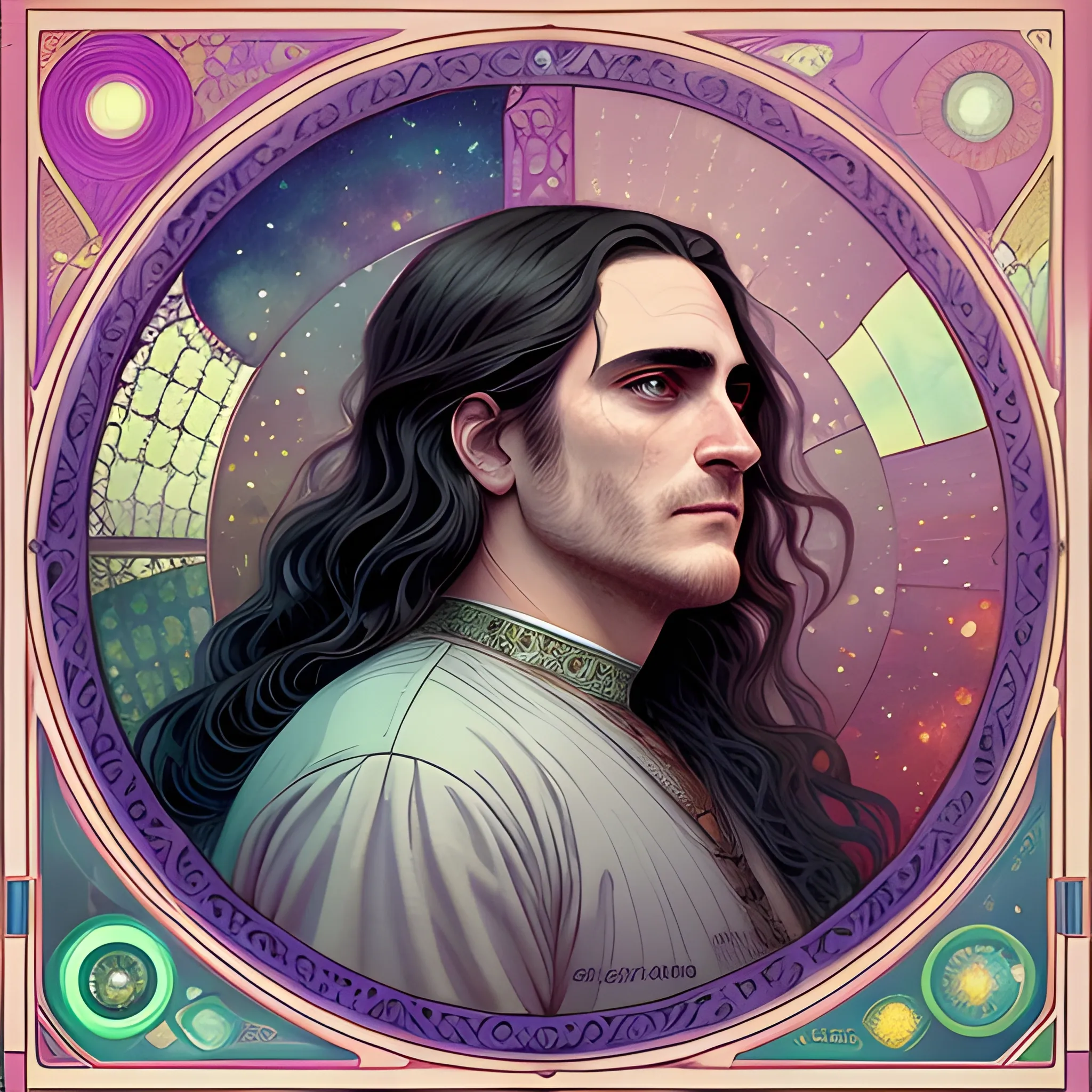 Joaquin Phoenix, his highly detailed, softly freckled handsome face, his clean, clear lavender-green eyes, meticulously detailed, multi-hued, long dark hair; hippie, fullmoon in a nebula sky, clouds; fantasy, Vintage Art, 8k resolution art Nouveau poster; Alphonse Mucha, Artgerm, WLOP, Illustration intricately detailed, trending on Artstation, Renaissance, triadic colors, Chromolithography Soft Shading