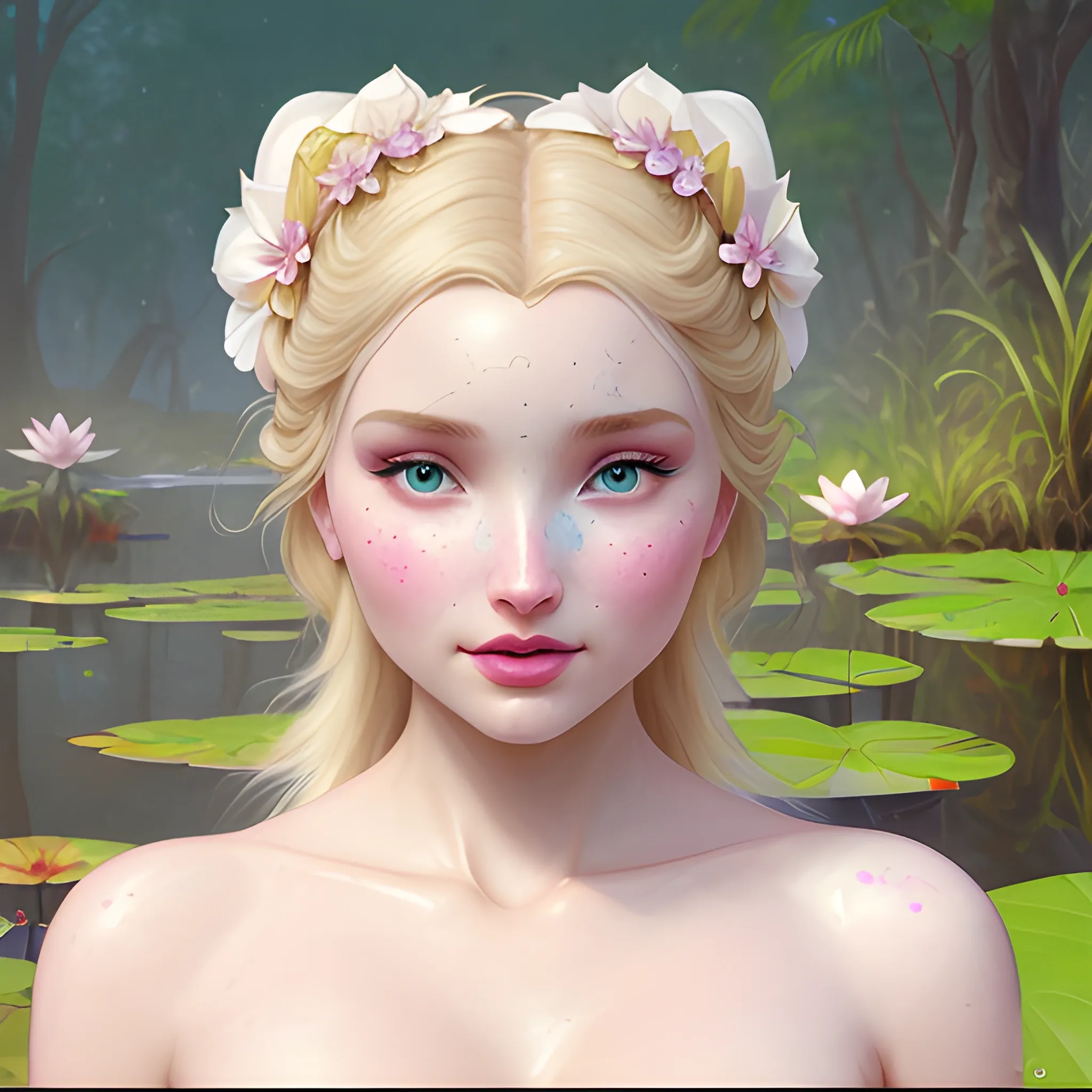 Elsa Hosk / Dove Cameron face morph; beautiful twins at a lotus pond; highly detailed beautiful faces; glitter, renaissance; high contrast, pastel, sorbet, pearlescent, Unreal Engine 5; by Dan Parent, Alphonse Mucha, Artgerm, WLOP, intricately detailed, fantasy, bizarre, beautiful, Chromolithography, Soft Shading, Unreal Engine; digital painting, smooth, sharp focus, illustration, art by lisa frank, Steve Goad, Frank Frazetta, William-Adolphe Bouguereau, Unreal Engine 5, Cartoon, 3D, Oil Painting