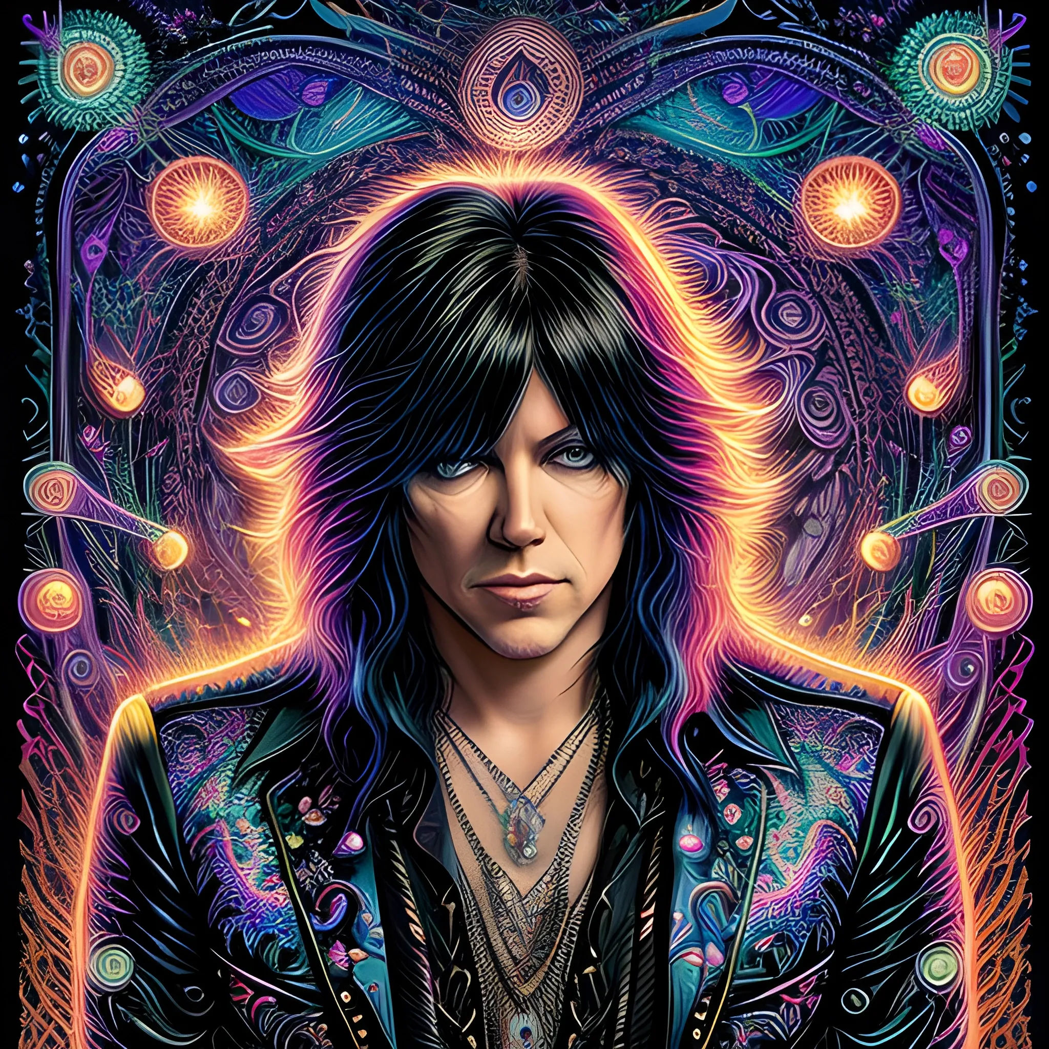 Tom Keifer, his highly detailed angular handsome face, meticulously detailed long black hair; by James R. Eads, Fausto-Giurescu, Tania Rivilis, Dan Mumford; luminous colorful sparkles, glitter, airbrush, depth of field, volumetric lighting, rockstar