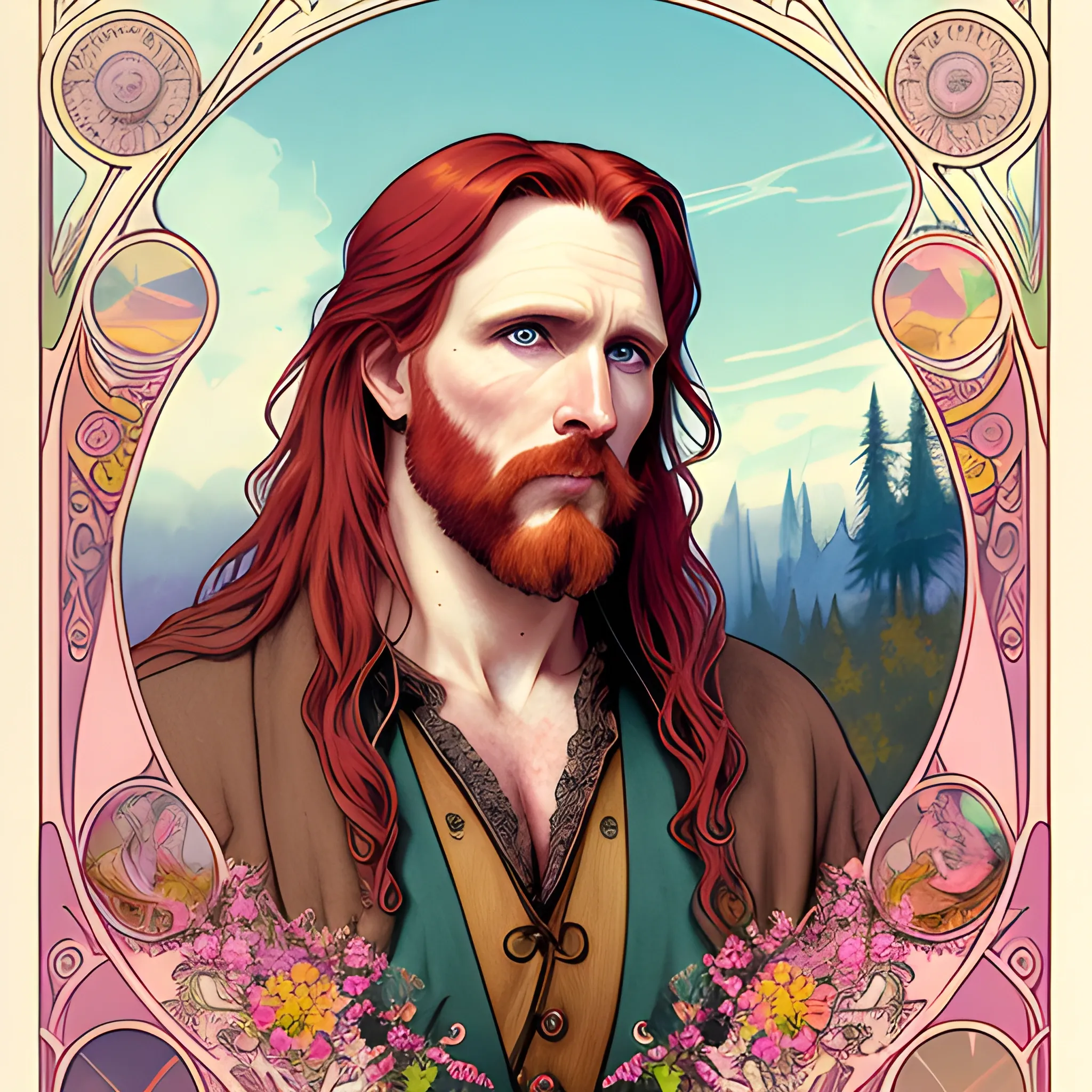 young Malachai of the Corn, Courtney Gains, his highly detailed, softly freckled handsome face, his clean, clear eyes, meticulously detailed, multi-hued, long red hair; hippie, pirate, he gazes far-away to the forest; pink, yellow, across a misty pastel-colored landscape, clouds; fantasy, Vintage Art, 8k resolution art Nouveau poster; Alphonse Mucha, Artgerm, WLOP, Illustration intricately detailed, trending on Artstation, Renaissance, triadic colors, Chromolithography Soft Shading