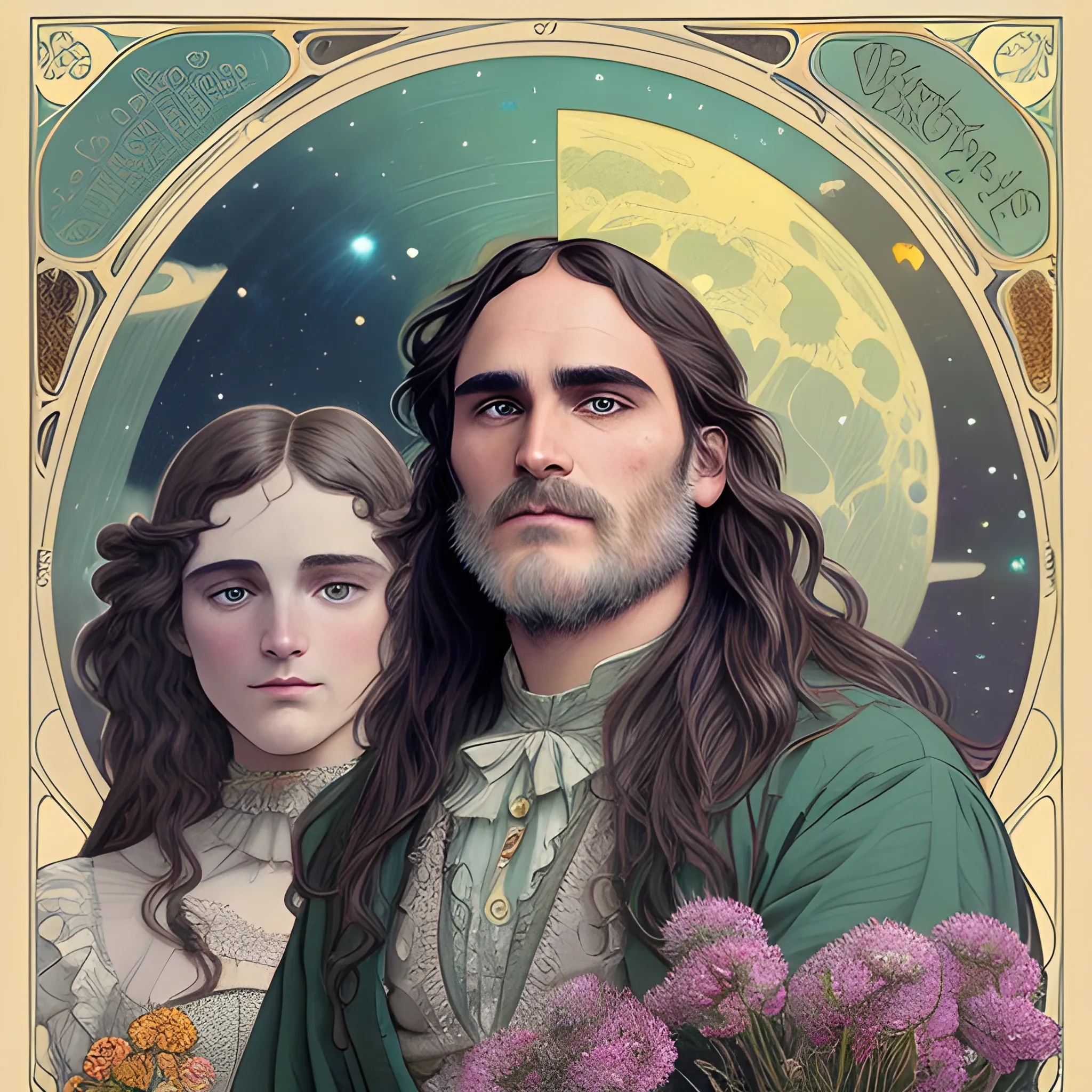 Joaquin Phoenix, his highly detailed, softly freckled handsome face, his clean, clear lavender-green eyes, meticulously detailed, multi-hued, long dark hair; hippie, fullmoon in a nebula sky, clouds; fantasy, Vintage Art, 8k resolution art Nouveau poster; Alphonse Mucha, Artgerm, WLOP, Illustration intricately detailed, trending on Artstation, Renaissance, triadic colors, Chromolithography Soft Shading