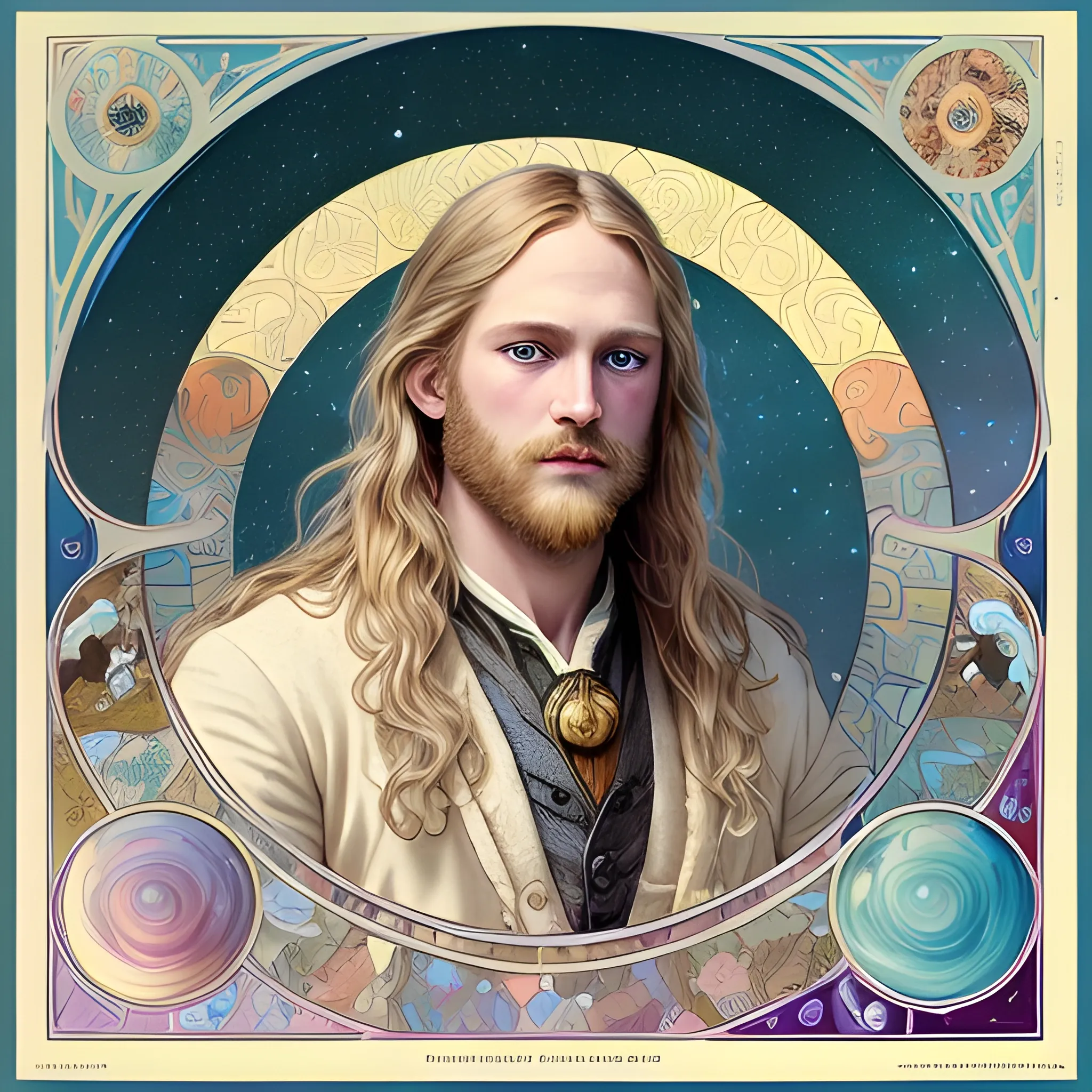 Wyatt Russell, his highly detailed, softly freckled handsome face, his clean, clear blue eyes, meticulously detailed, multi-hued, long blond hair; hippie, full moon in a nebula sky, clouds; fantasy, Vintage Art, 8k resolution art Nouveau poster; Alphonse Mucha, Artgerm, WLOP, Illustration intricately detailed, trending on Artstation, Renaissance, triadic colors, Chromolithography Soft Shading