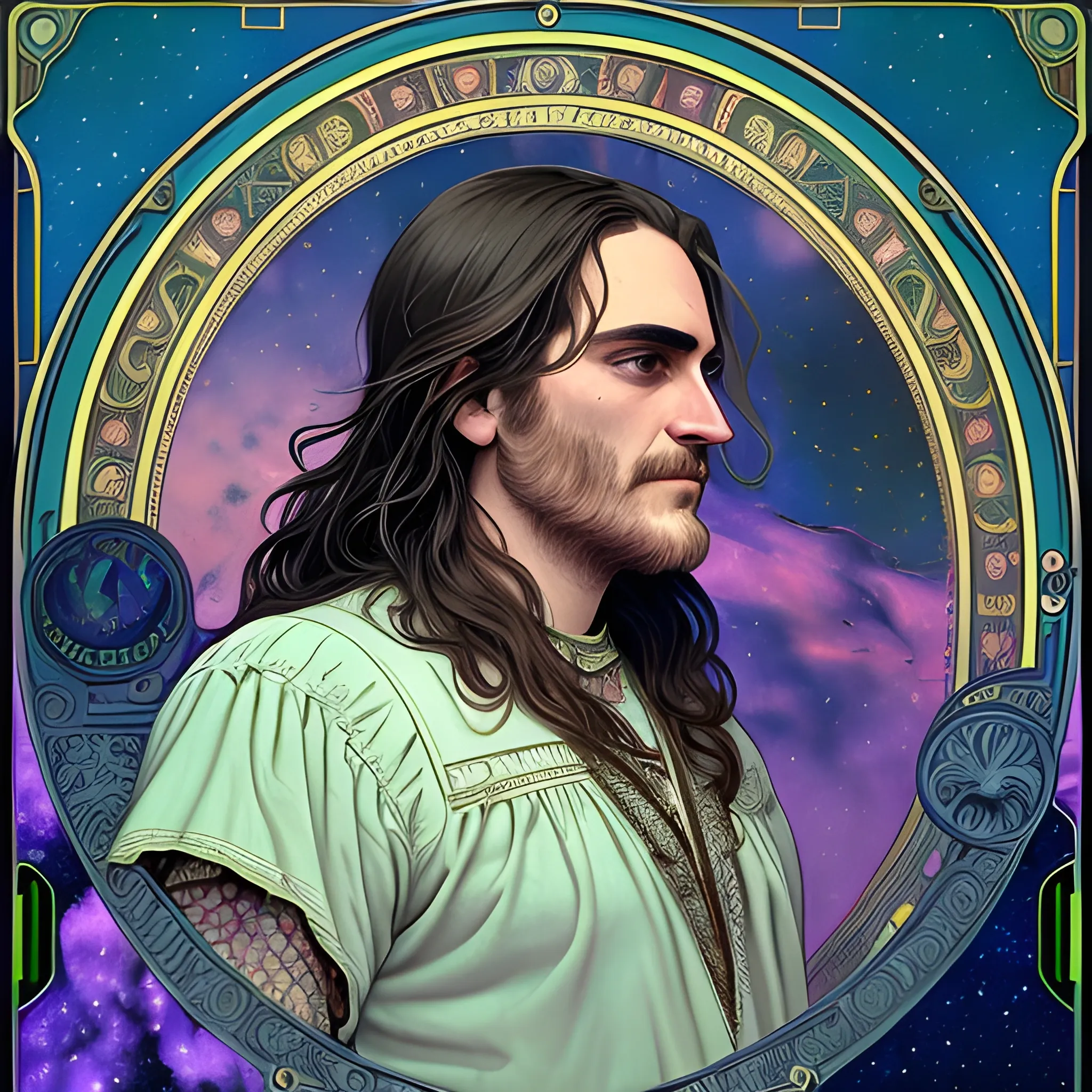 Joaquin Phoenix, his highly detailed, softly freckled handsome face, his clean, clear lavender-green eyes, meticulously detailed, multi-hued, long dark hair; hippie, fullmoon in a nebula sky, clouds; fantasy, Vintage Art, 8k resolution art Nouveau poster; Alphonse Mucha, Artgerm, WLOP, Illustration intricately detailed, trending on Artstation, Renaissance, triadic colors, Chromolithography Soft Shading