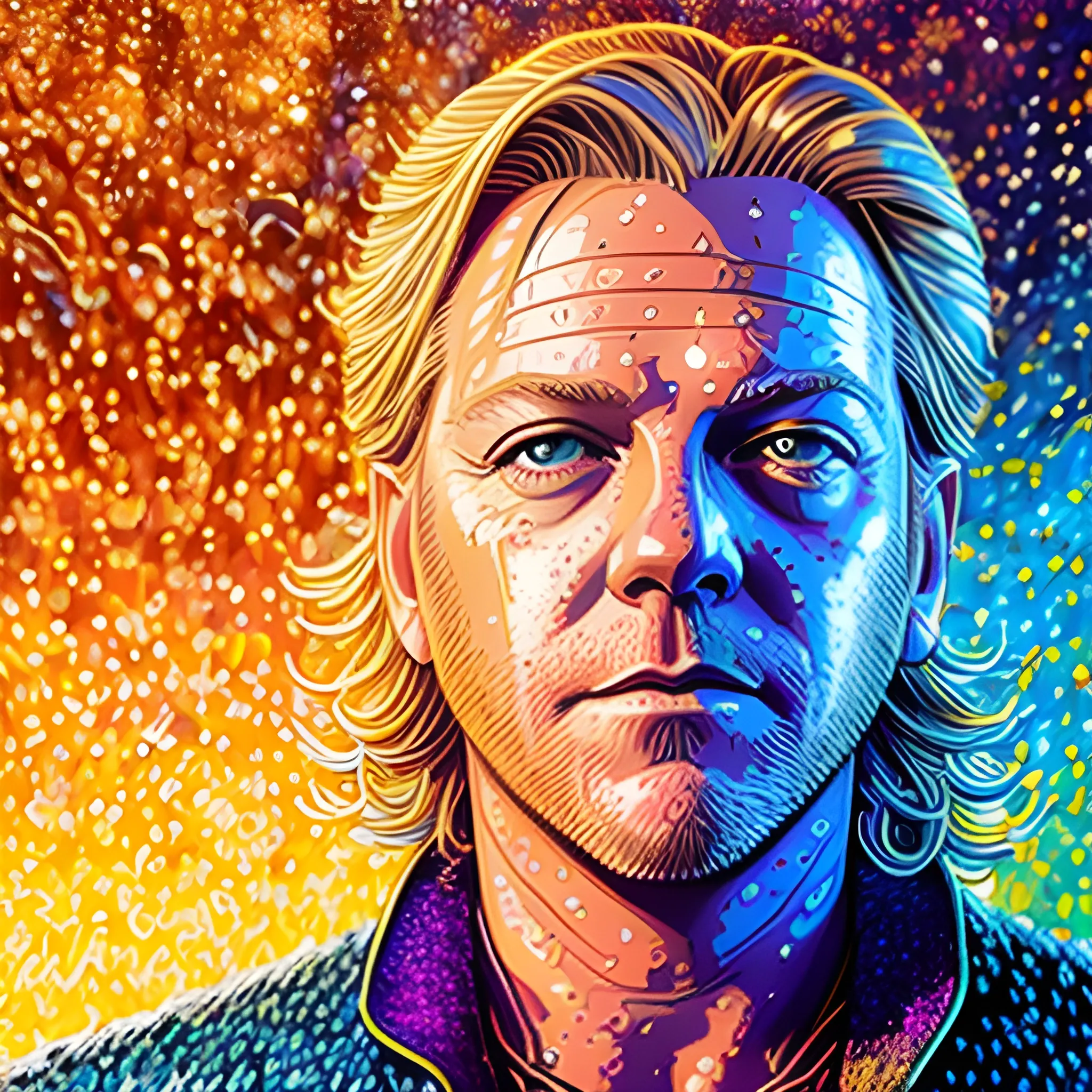 Kiefer Sutherland, his highly detailed angular handsome face, meticulously detailed long blond hair; by James R. Eads, Fausto-Giurescu, Tania Rivilis, Dan Mumford; luminous colorful sparkles, glitter, airbrush, depth of field, volumetric lighting, rockstar