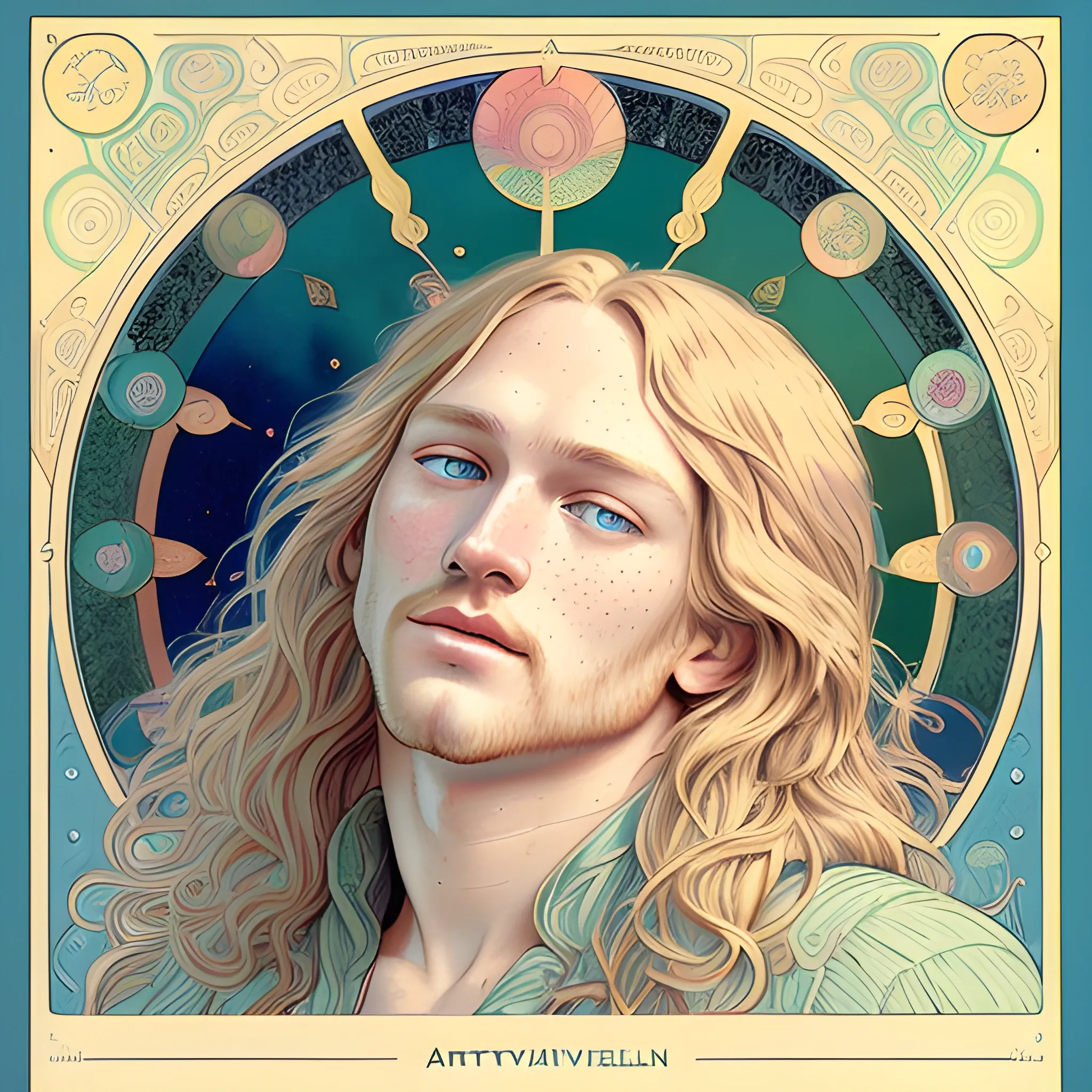 Wyatt Russell, his highly detailed, softly freckled handsome face, his clean, clear blue eyes, meticulously detailed, multi-hued, long blond hair; hippie, full moon in a nebula sky, clouds; fantasy, Vintage Art, 8k resolution art Nouveau poster; Alphonse Mucha, Artgerm, WLOP, Illustration intricately detailed, trending on Artstation, Renaissance, triadic colors, Chromolithography Soft Shading