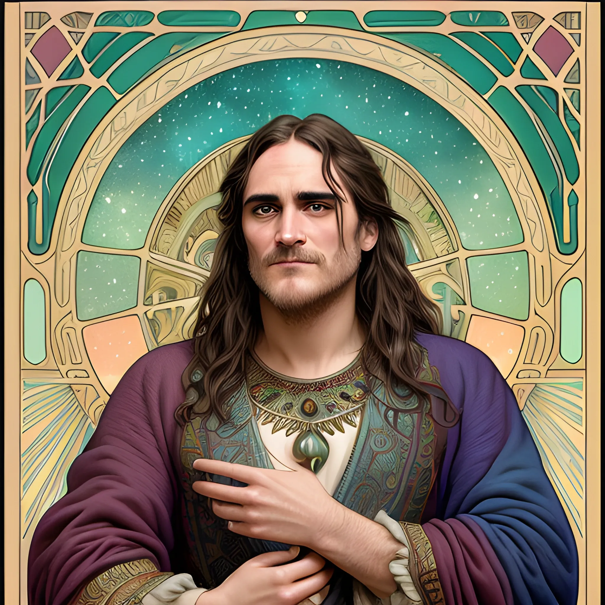 Joaquin Phoenix, his highly detailed, softly freckled handsome face, his clean, clear lavender-green eyes, meticulously detailed, multi-hued, long dark hair; hippie, fullmoon in a nebula sky, clouds; fantasy, Vintage Art, 8k resolution art Nouveau poster; Alphonse Mucha, Artgerm, WLOP, Illustration intricately detailed, trending on Artstation, Renaissance, triadic colors, Chromolithography Soft Shading