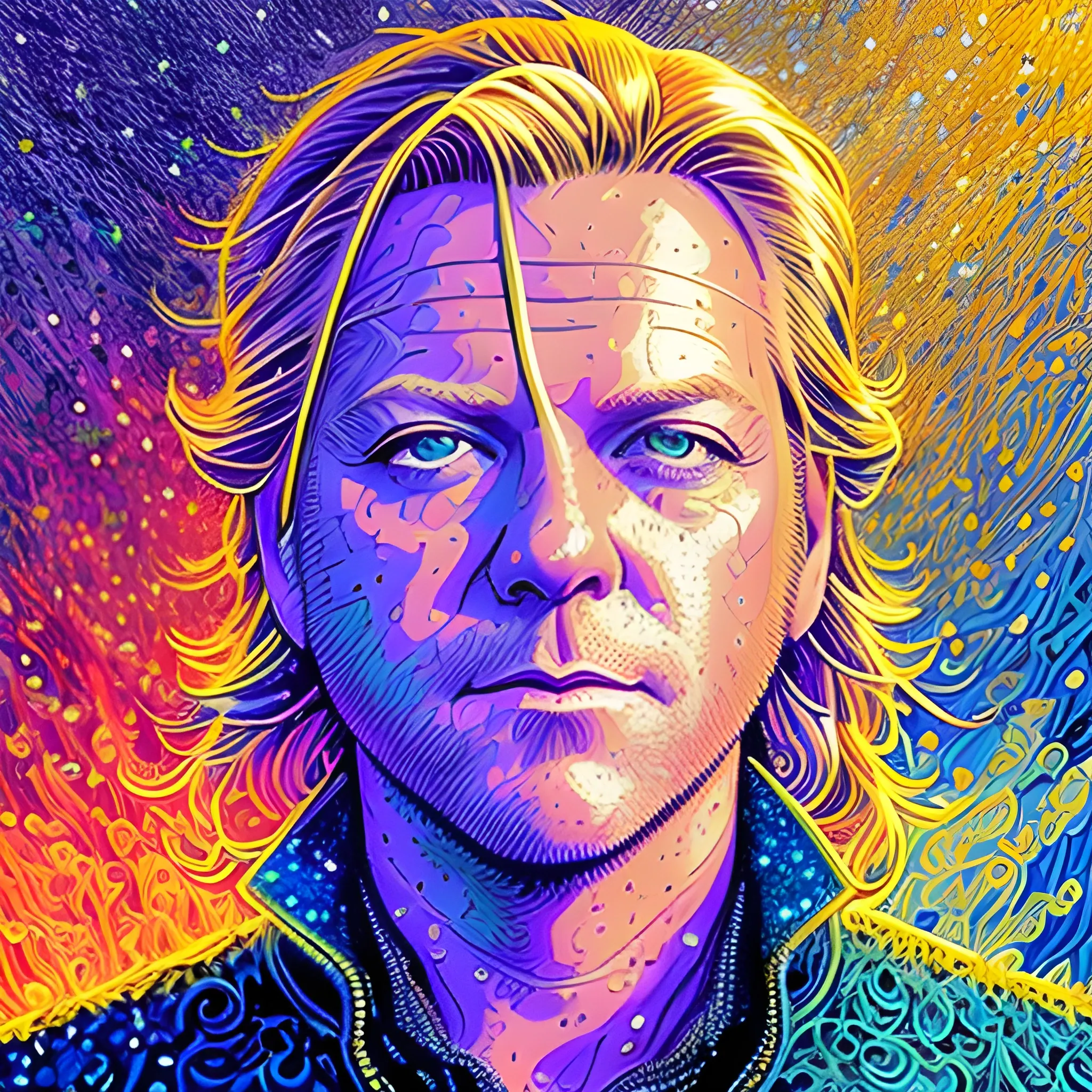 Kiefer Sutherland, his highly detailed angular handsome face, meticulously detailed long blond hair; by James R. Eads, Fausto-Giurescu, Tania Rivilis, Dan Mumford; luminous colorful sparkles, glitter, airbrush, depth of field, volumetric lighting, rockstar