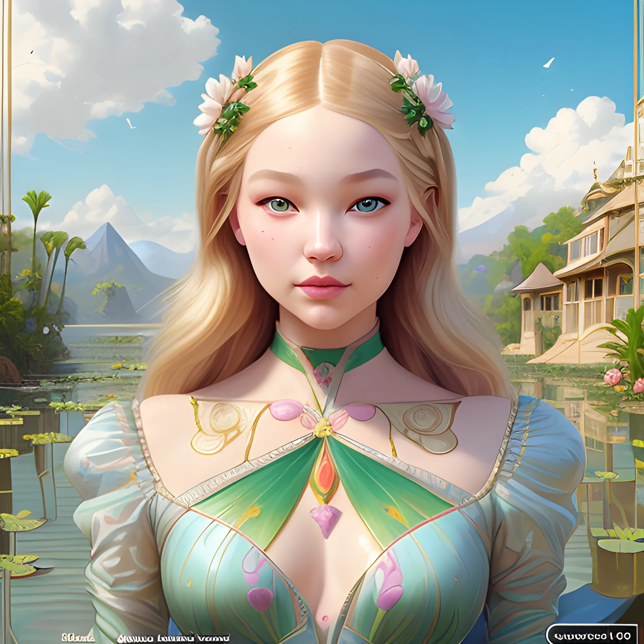 Gigi Hadid / Dove Cameron face morph; beautiful twins at a lotus pond; highly detailed beautiful faces; glitter, renaissance; high contrast, pastel, sorbet, pearlescent, Unreal Engine 5; by Dan Parent, Alphonse Mucha, Artgerm, WLOP, intricately detailed, fantasy, bizarre, beautiful, Chromolithography, Soft Shading, Unreal Engine; digital painting, smooth, sharp focus, illustration, art by lisa frank, Steve Goad, Frank Frazetta, William-Adolphe Bouguereau, Unreal Engine 5, Cartoon, 3D, Oil Painting