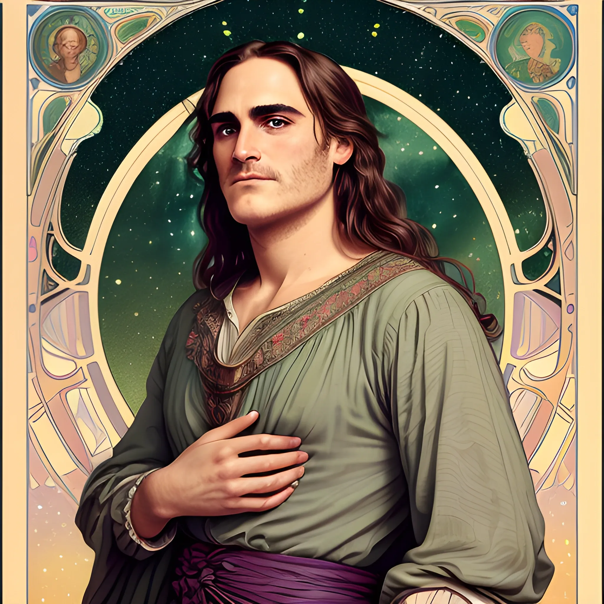 Joaquin Phoenix, his highly detailed, softly freckled handsome face, his clean, clear lavender-green eyes, meticulously detailed, multi-hued, long dark hair; hippie, fullmoon in a nebula sky, clouds; fantasy, Vintage Art, 8k resolution art Nouveau poster; Alphonse Mucha, Artgerm, WLOP, Illustration intricately detailed, trending on Artstation, Renaissance, triadic colors, Chromolithography Soft Shading