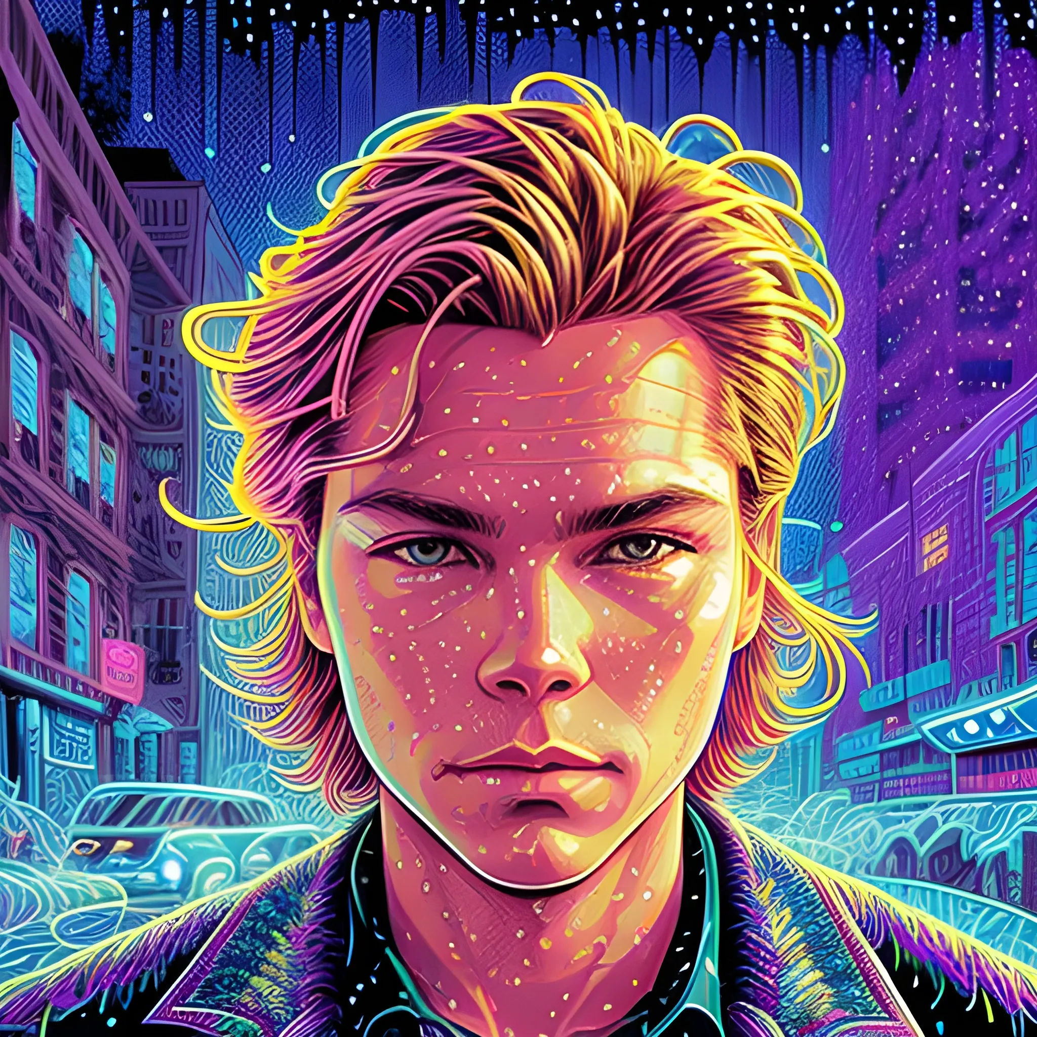 River Phoenix, his highly detailed angular handsome face, meticulously detailed long blond hair; by James R. Eads, Fausto-Giurescu, Tania Rivilis, Dan Mumford; luminous colorful sparkles, glitter, airbrush, depth of field, volumetric lighting, rockstar