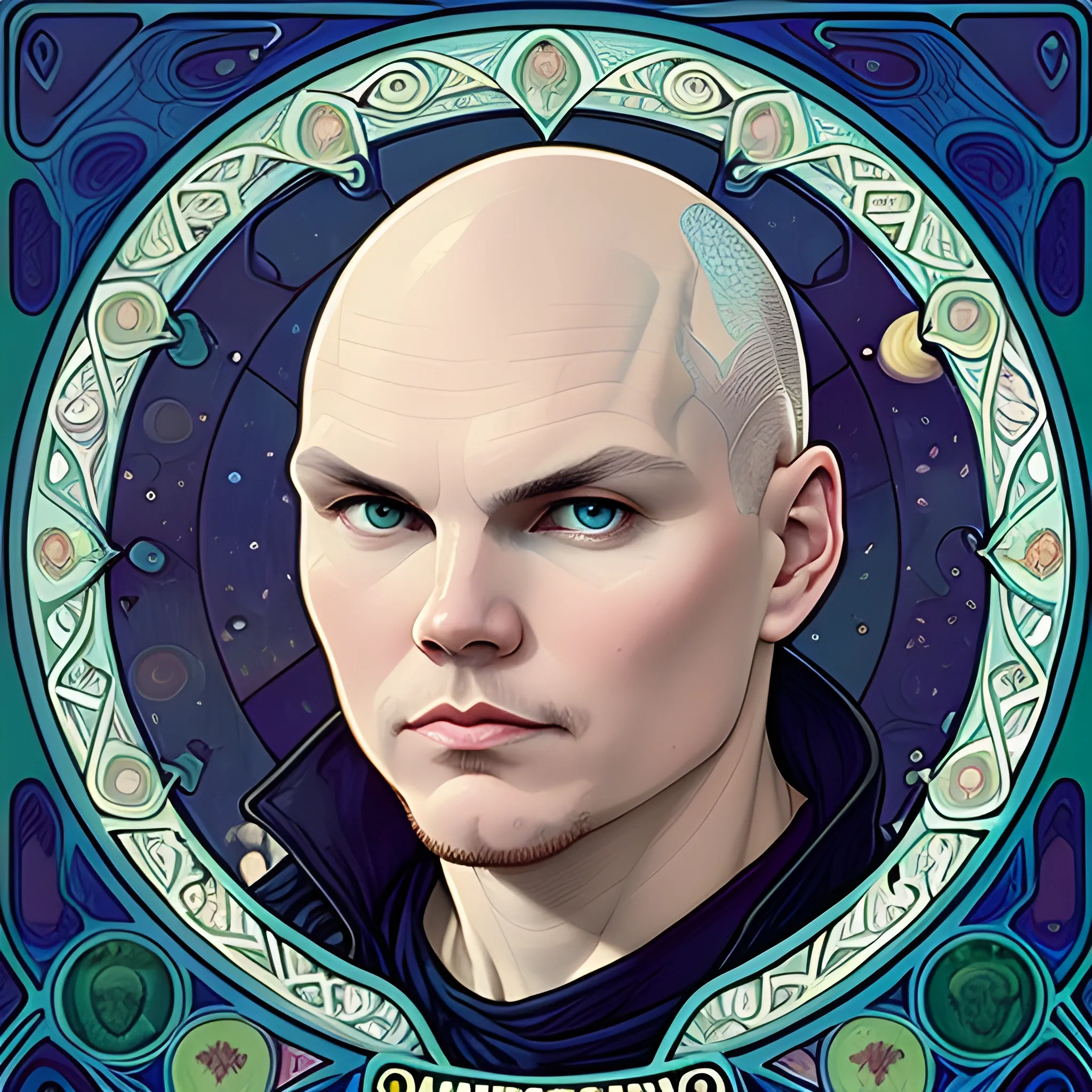 Billy Corgan, his highly detailed, handsome face, his clean, clear blue eyes, bald head, full moon in a nebula sky, clouds; fantasy, Vintage Art, 8k resolution art Nouveau poster; Alphonse Mucha, Artgerm, WLOP, Illustration intricately detailed, trending on Artstation, Renaissance, triadic colors, Chromolithography Soft Shading