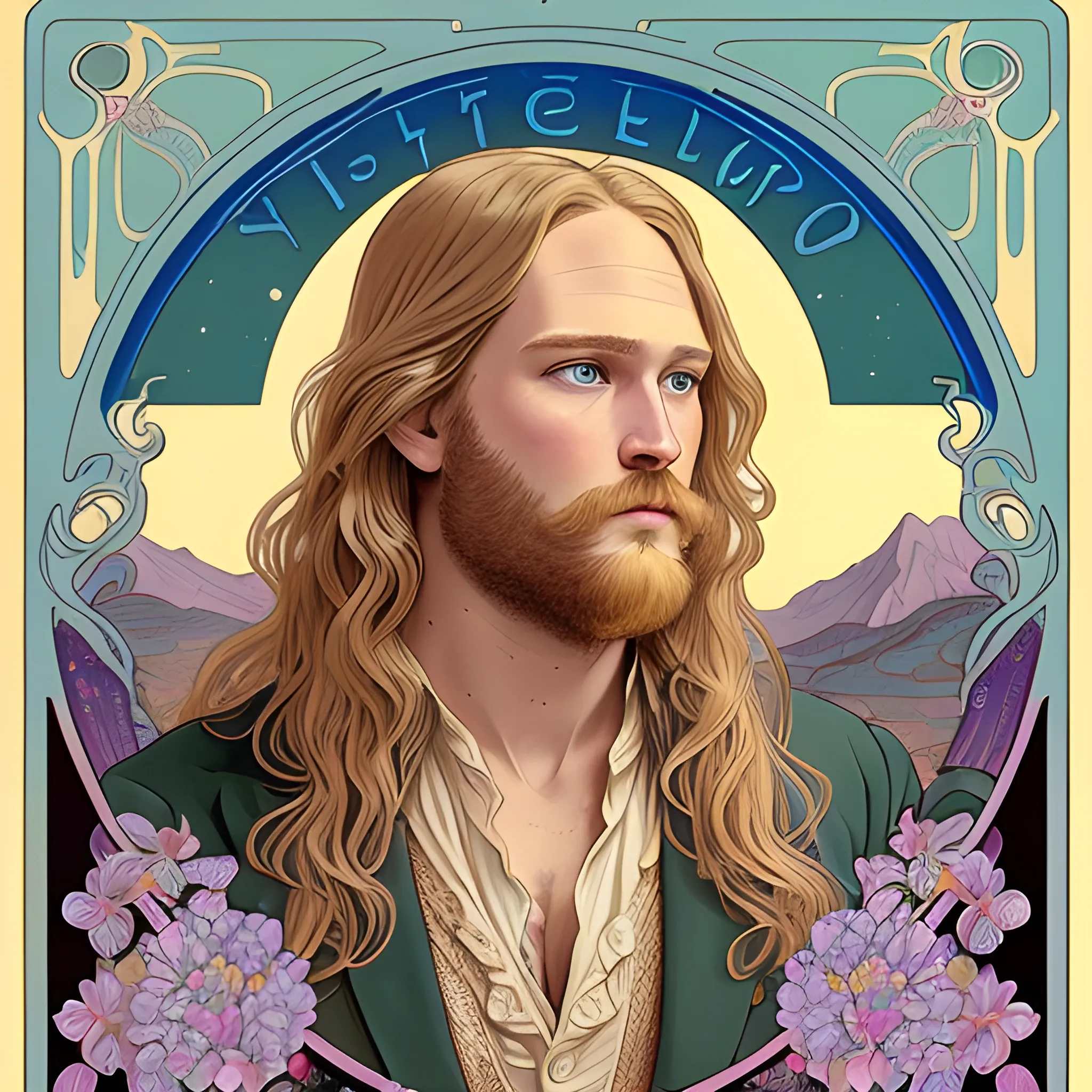 Wyatt Russell, his highly detailed, softly freckled handsome face, his clean, clear blue eyes, meticulously detailed, multi-hued, long blond hair; hippie, full moon in a nebula sky, clouds; fantasy, Vintage Art, 8k resolution art Nouveau poster; Alphonse Mucha, Artgerm, WLOP, Illustration intricately detailed, trending on Artstation, Renaissance, triadic colors, Chromolithography Soft Shading